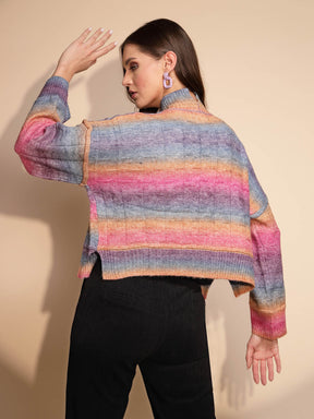Multi Color High Neck Loose Fit Drop Shoulder Knitted Pullover