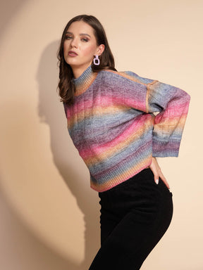 Multi Color High Neck Loose Fit Drop Shoulder Knitted Pullover