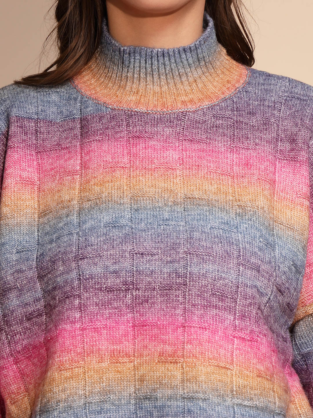 Multi Color High Neck Loose Fit Drop Shoulder Knitted Pullover