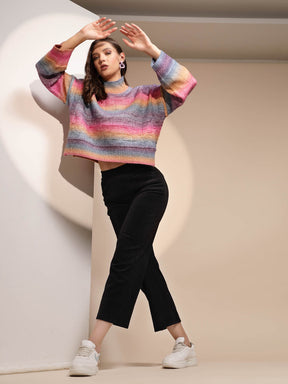 Multi Color High Neck Loose Fit Drop Shoulder Knitted Pullover