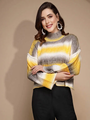 Yellow Solid Turtleneck Acrylic Pullover