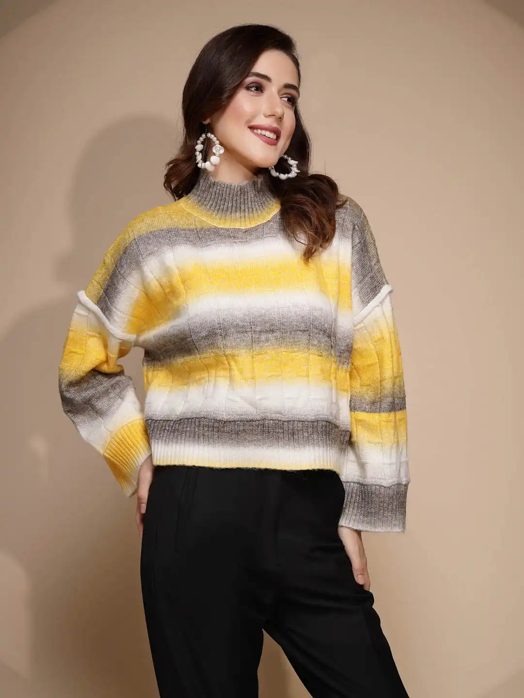 Yellow Solid Turtleneck Acrylic Pullover