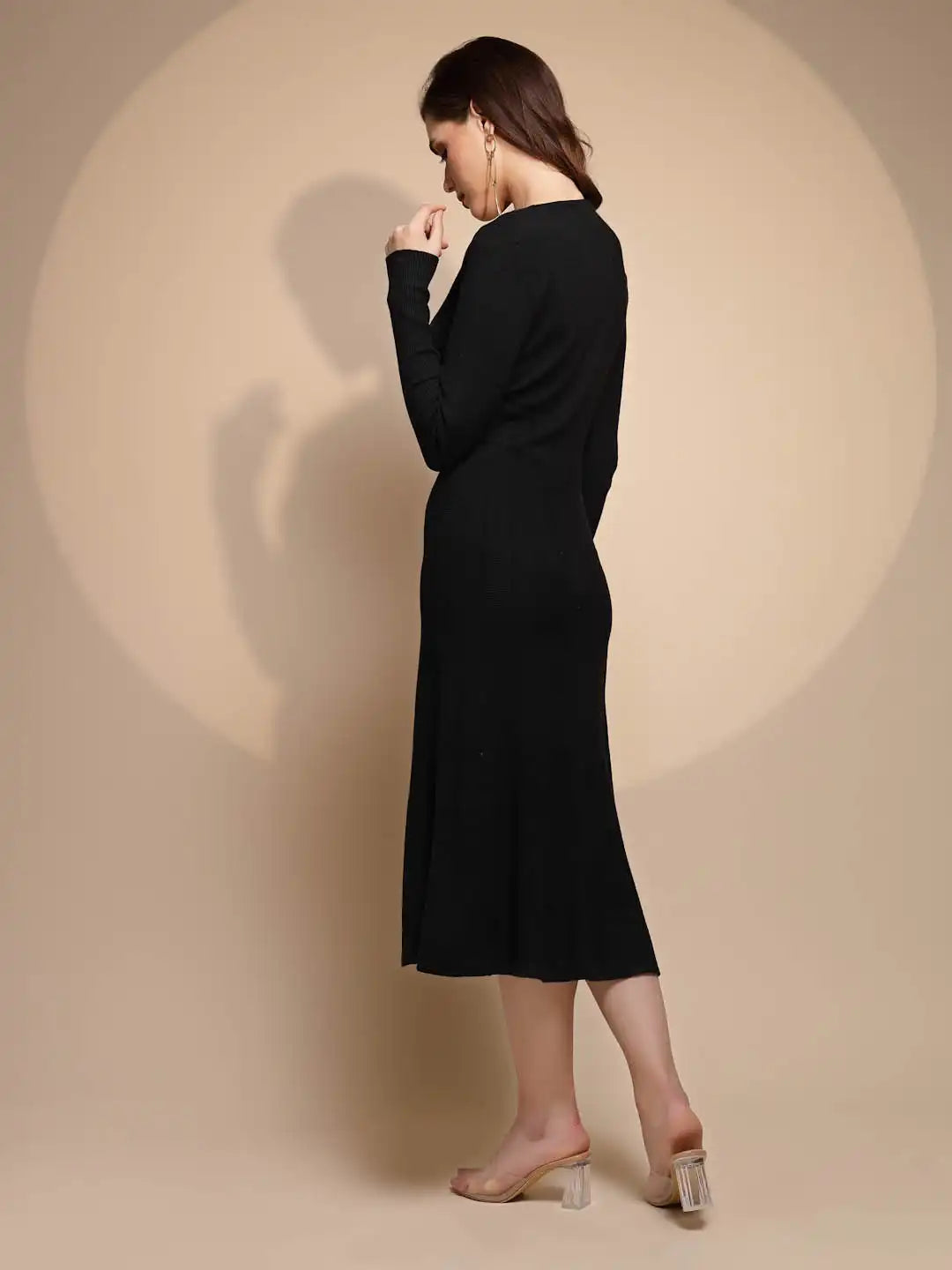 Women V-Neck Black Solid Knitted Long Dress