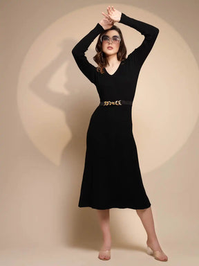 Women V-Neck Black Solid Knitted Long Dress