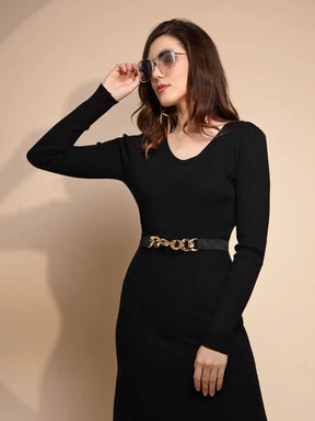 Women V-Neck Black Solid Knitted Long Dress