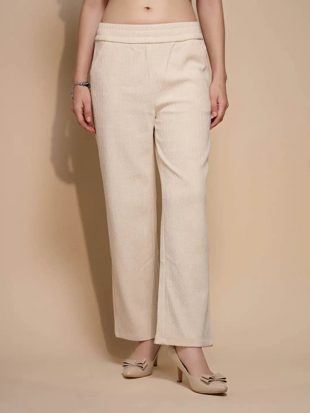 White Solid High Rise Cotton Blend Lower