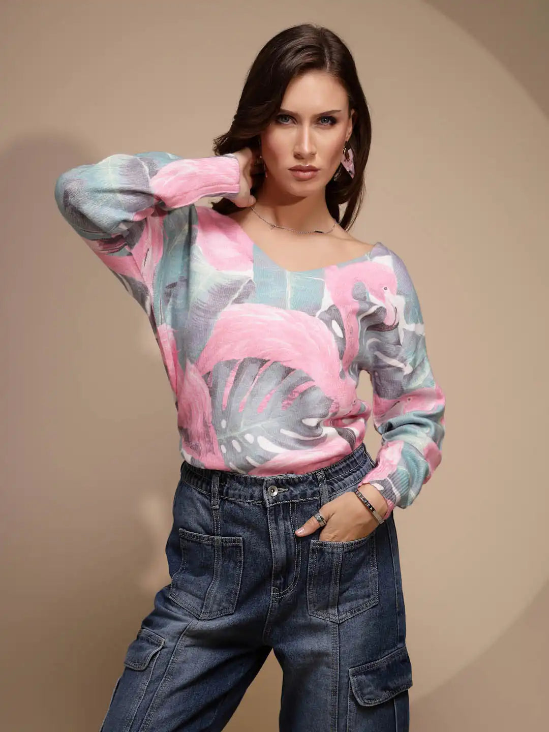 Pink Printed V-Neck Acrylic Pullover