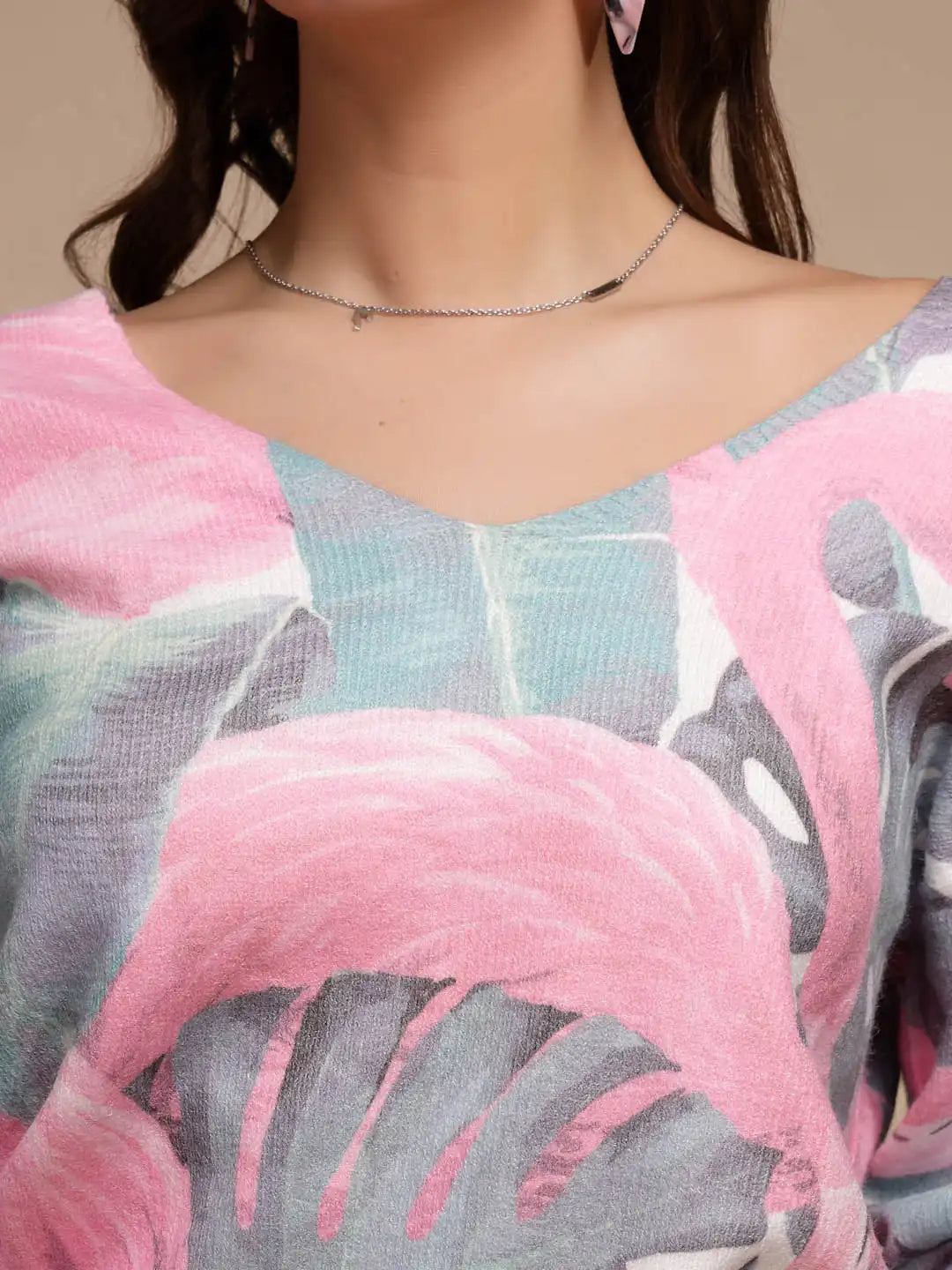 Pink Printed V-Neck Acrylic Pullover