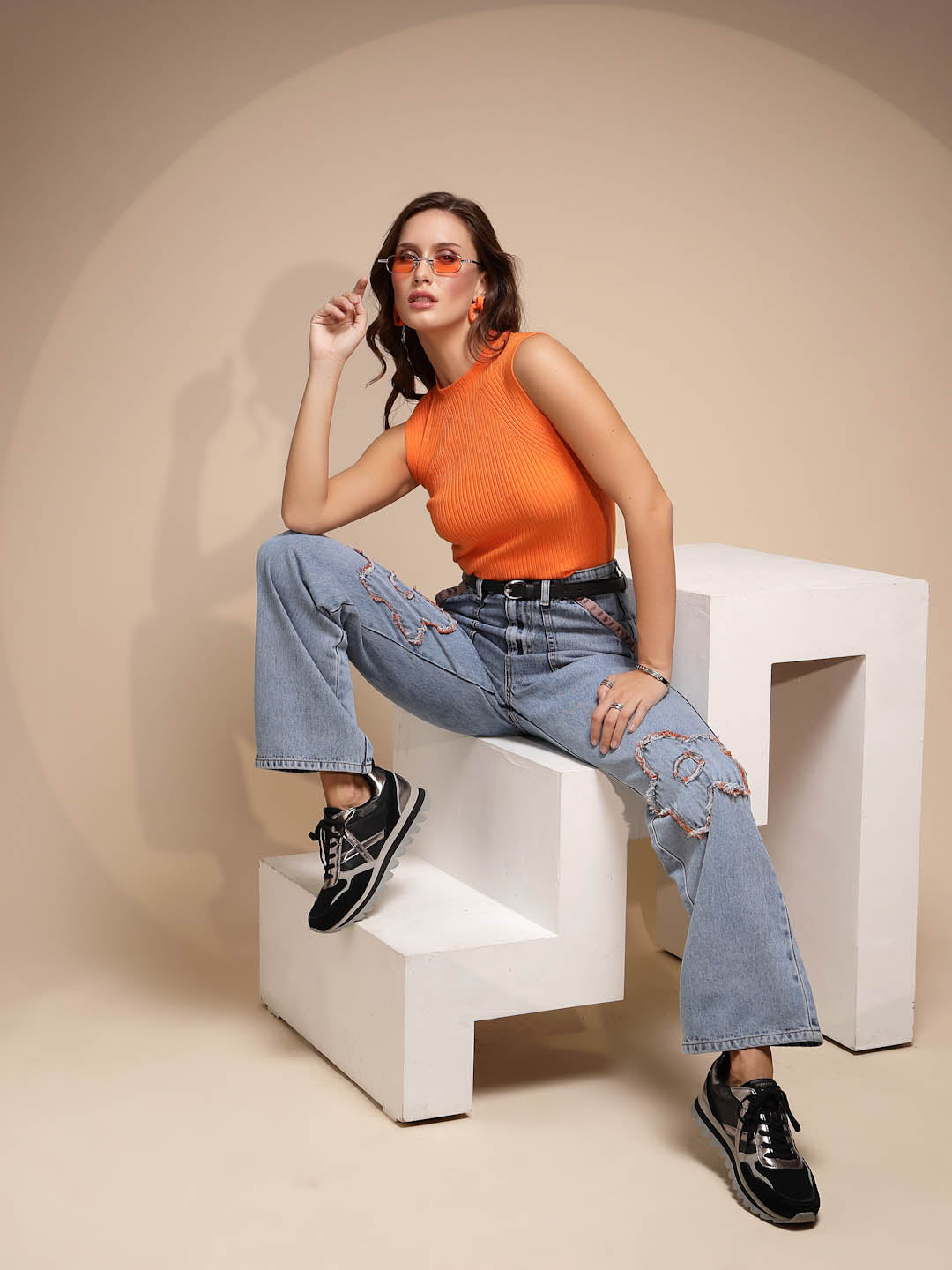 Orange Sleeveless Crew Neck Knit Skivvy – Global Republic