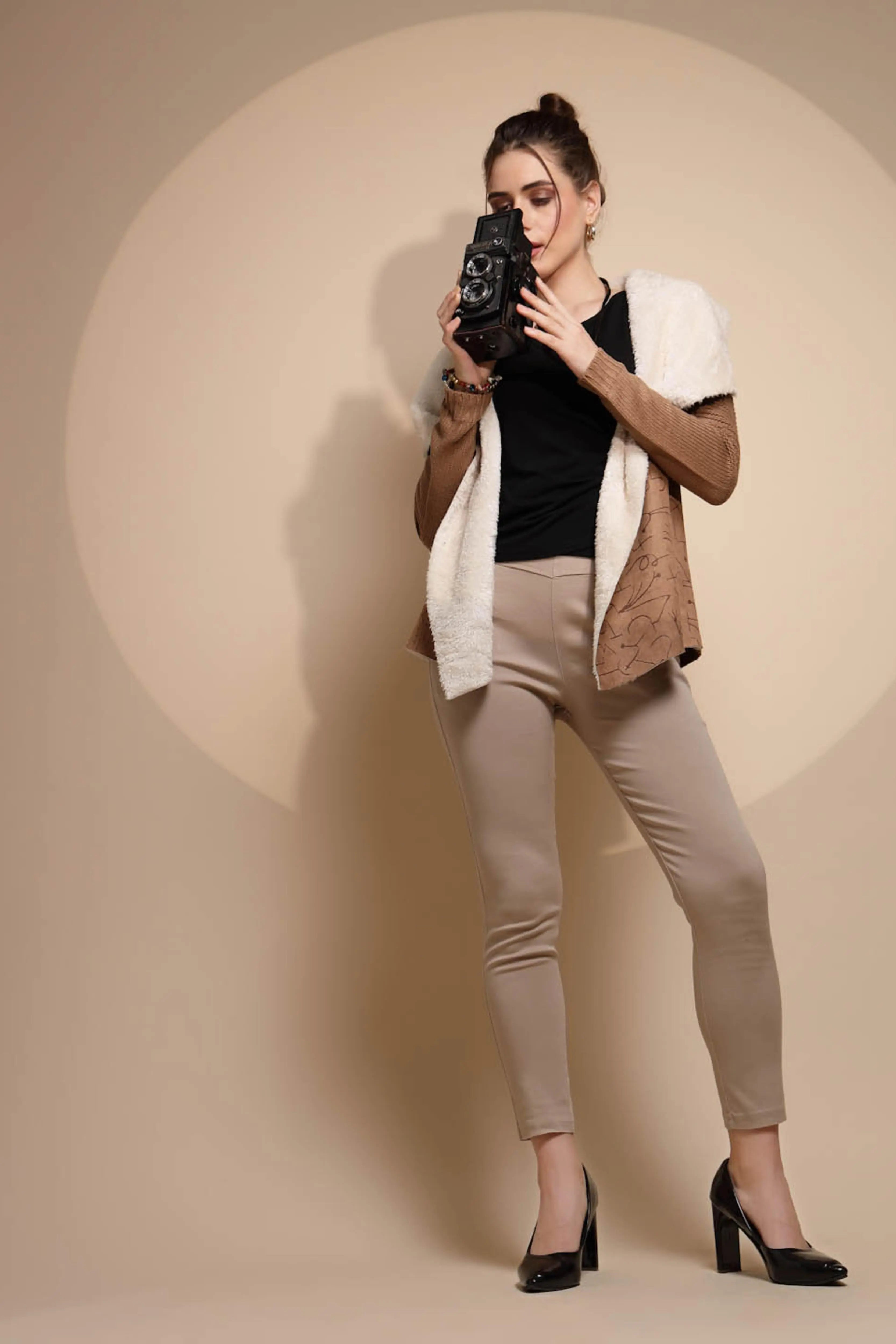 Brown Embossed & Knitted Shrug With Fleece Lining - Global Republic