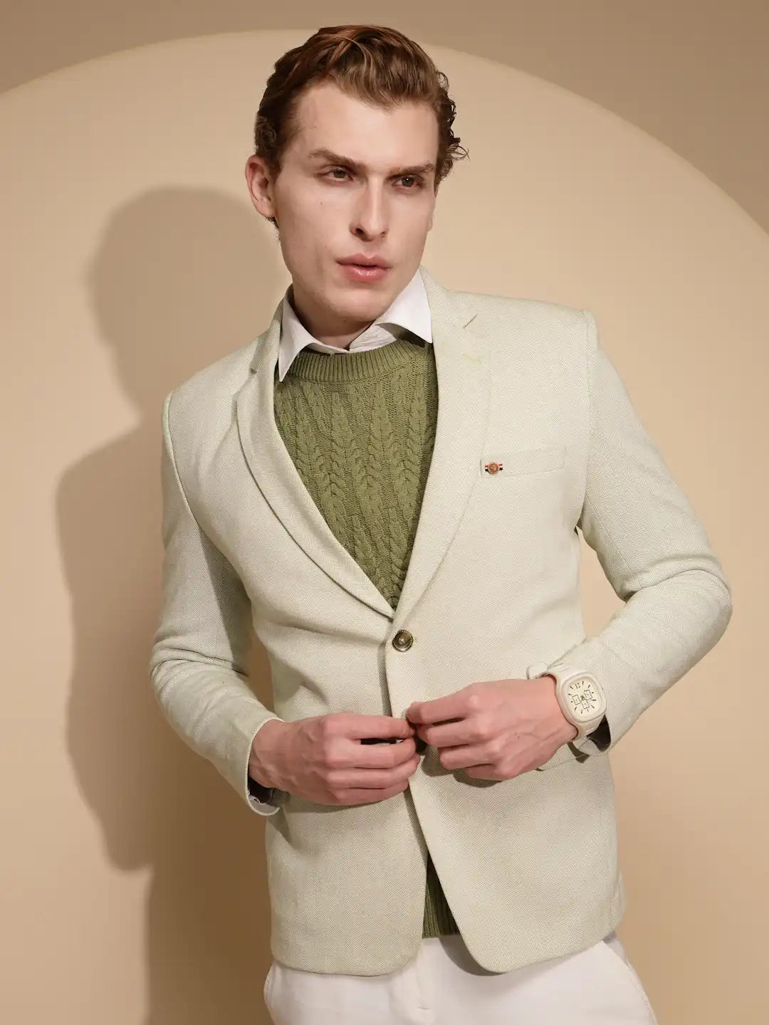 Men Green Solid Full Sleeve Contrast Lapel cotton Blazer - Global Republic