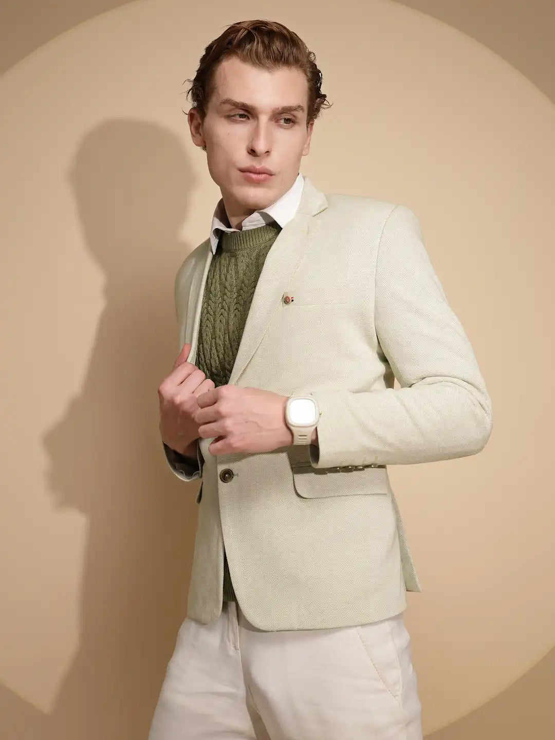 Men Green Solid Full Sleeve Contrast Lapel cotton Blazer - Global Republic