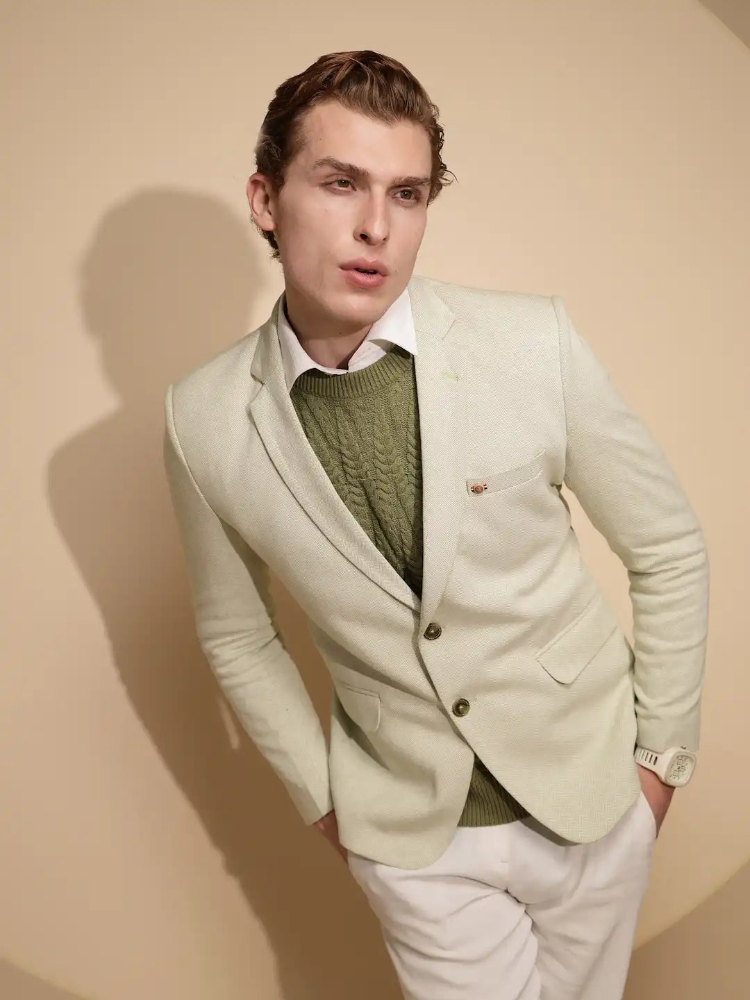 Men Green Solid Full Sleeve Contrast Lapel cotton Blazer - Global Republic