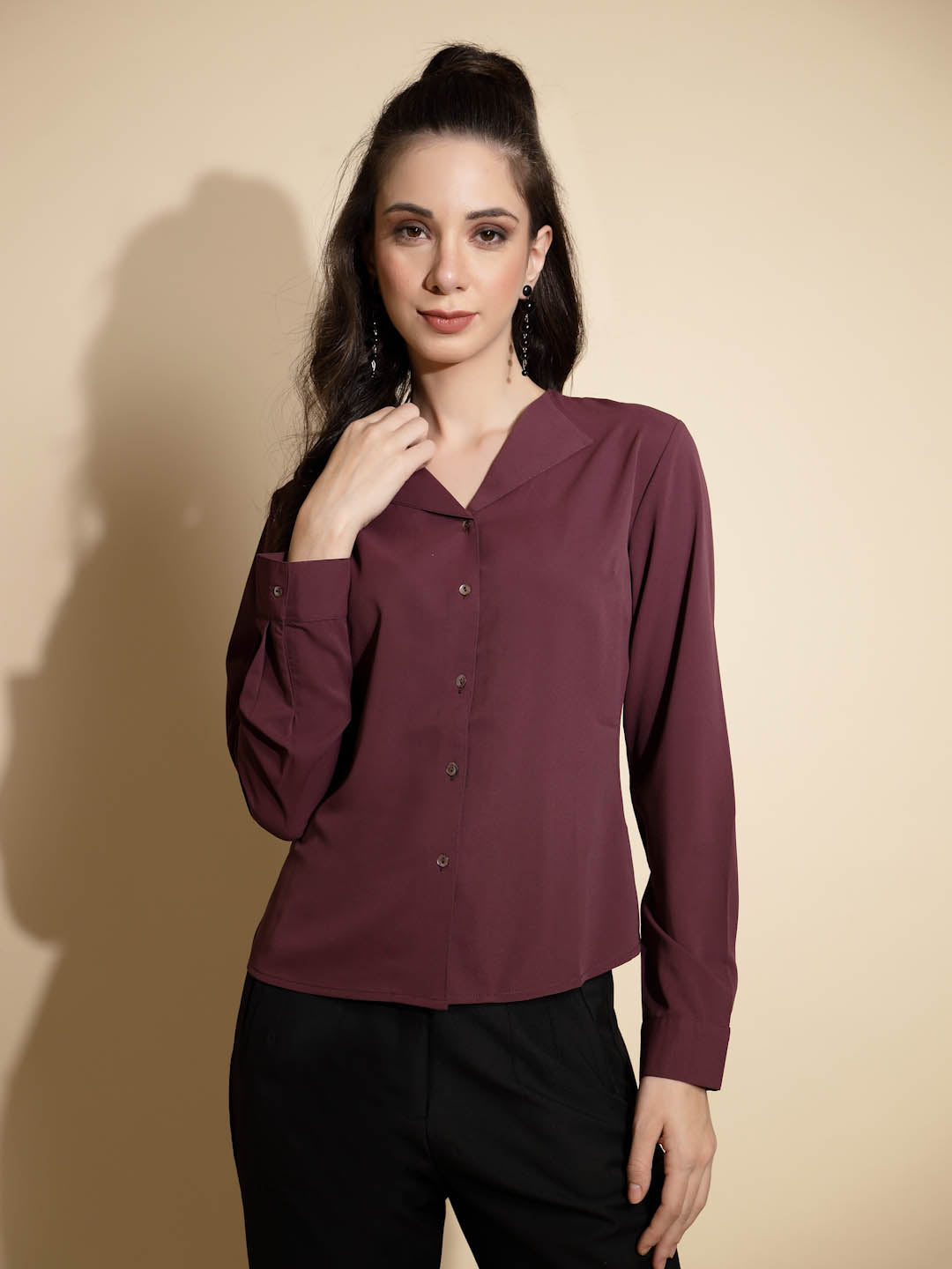 Women Solid Collar Neck Cotton Plain Shirt