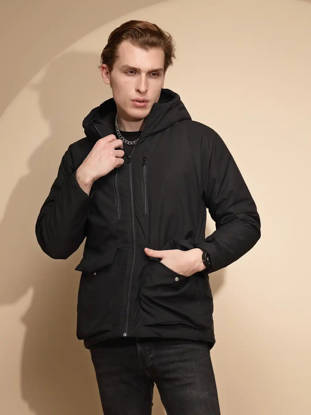 Men Black Solid Full Sleeve Hooded cotton Jacket - Global Republic