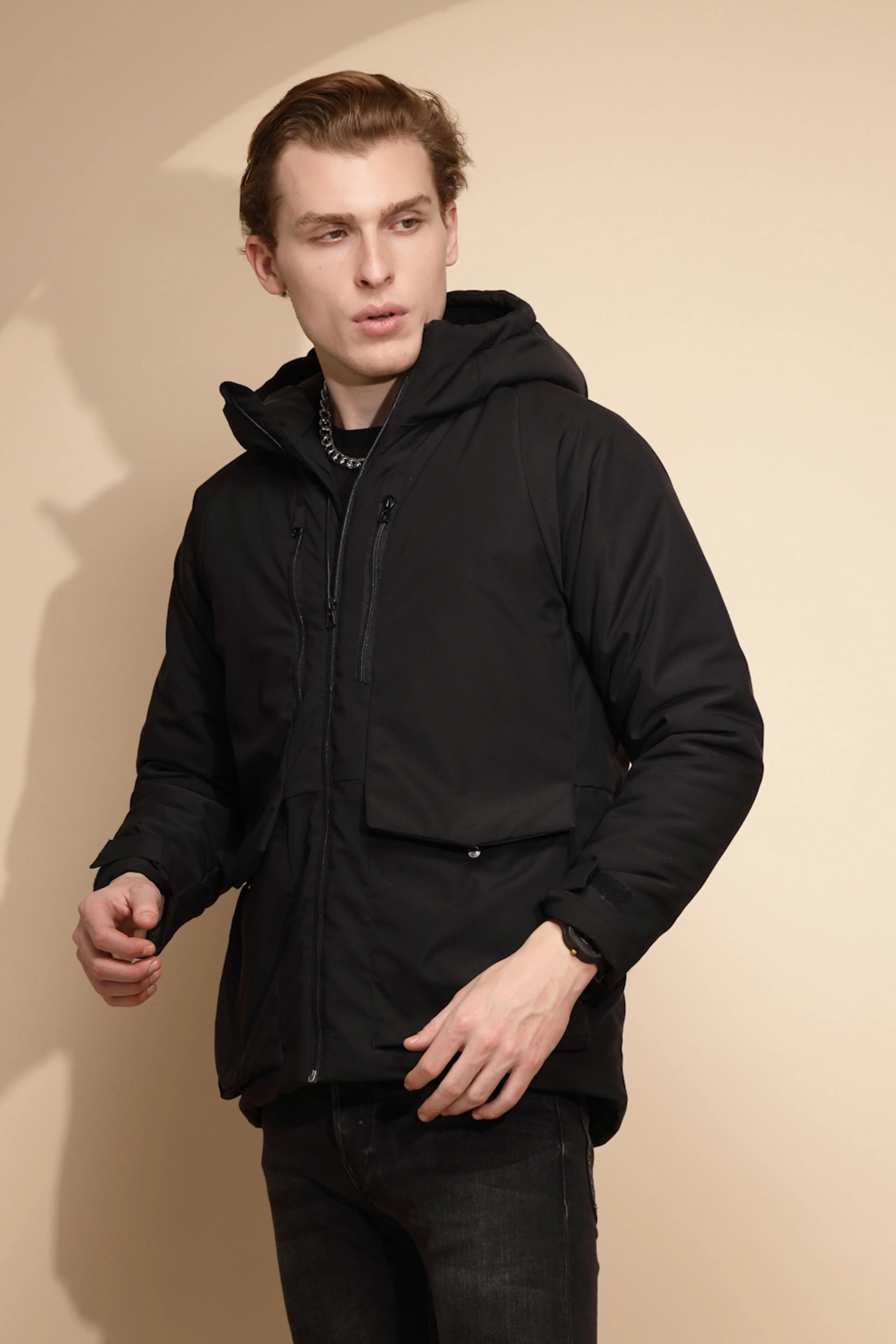 Men Black Solid Full Sleeve Hooded cotton Jacket - Global Republic