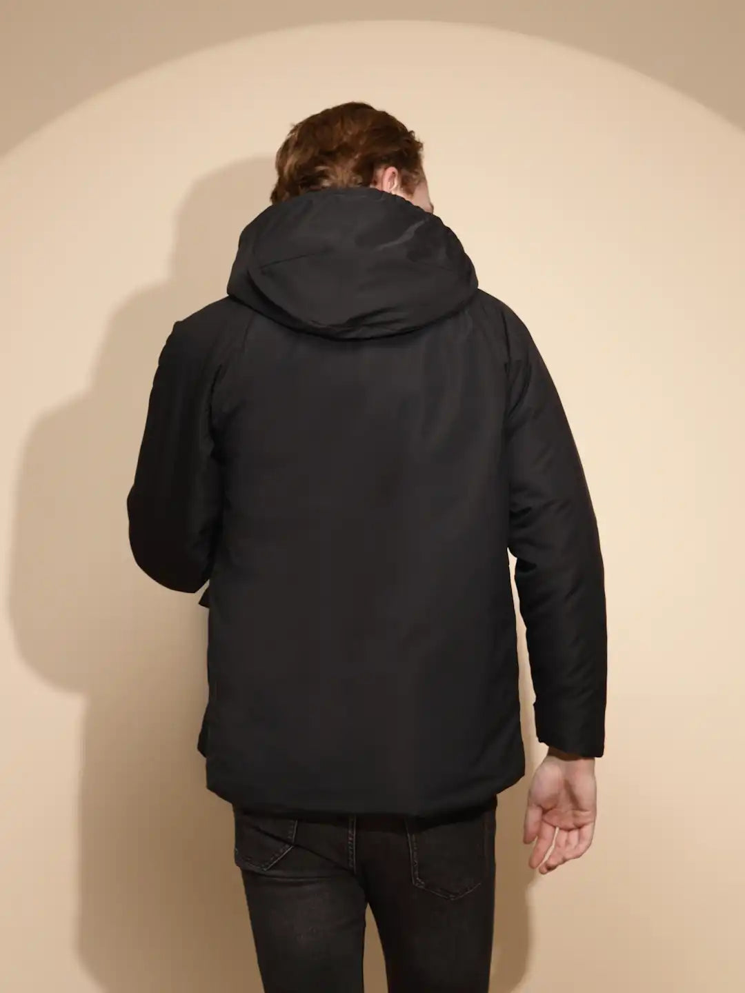 Men Black Solid Full Sleeve Hooded cotton Jacket - Global Republic