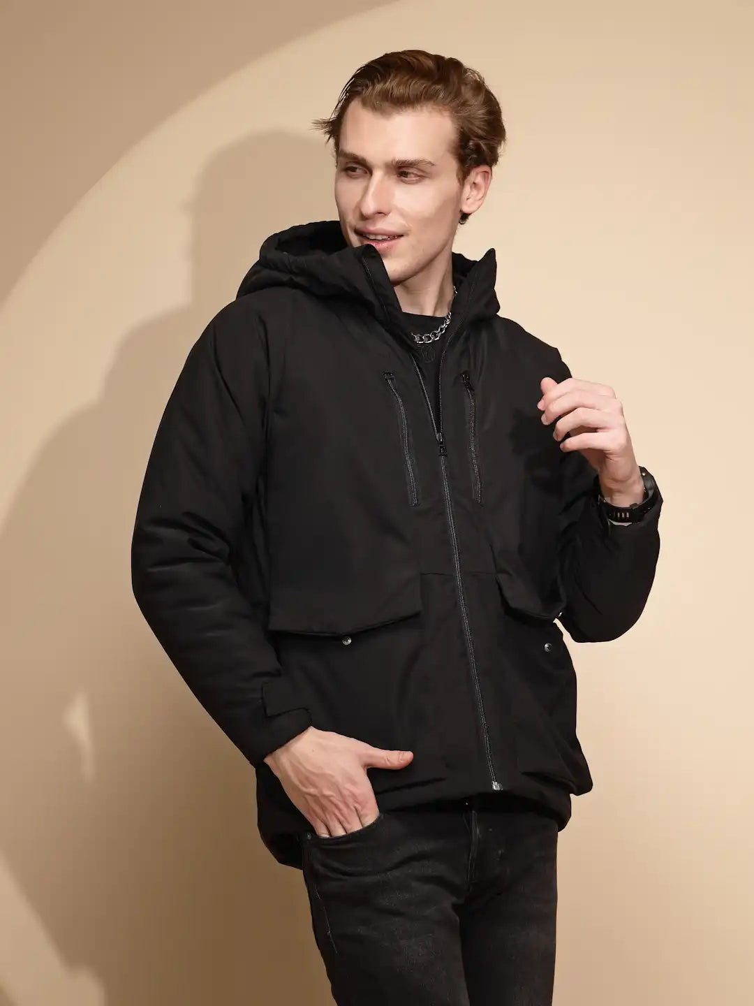 Men Black Solid Full Sleeve Hooded cotton Jacket - Global Republic