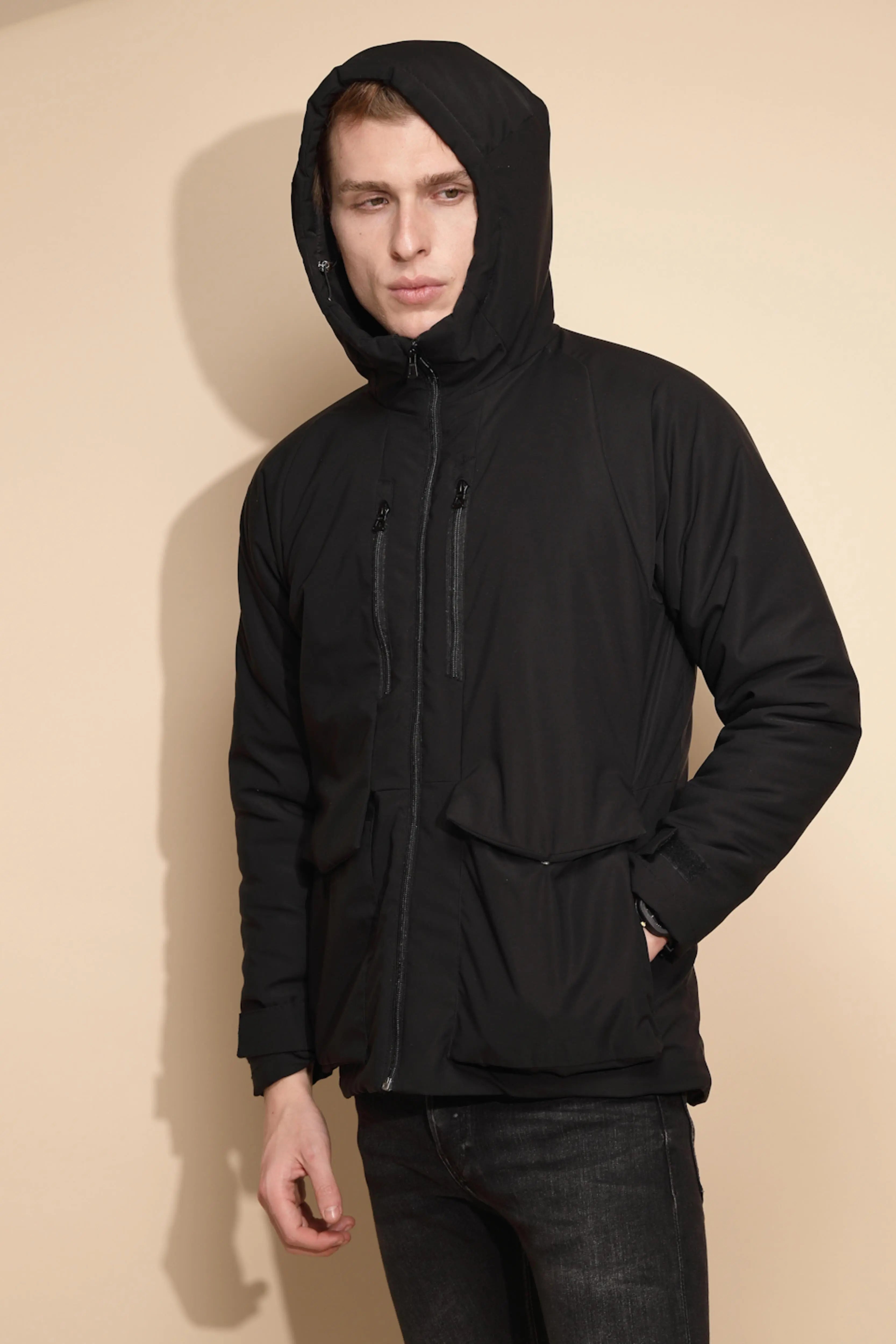 Black Solid Full Sleeve Hooded cotton Jacket - Global Republic