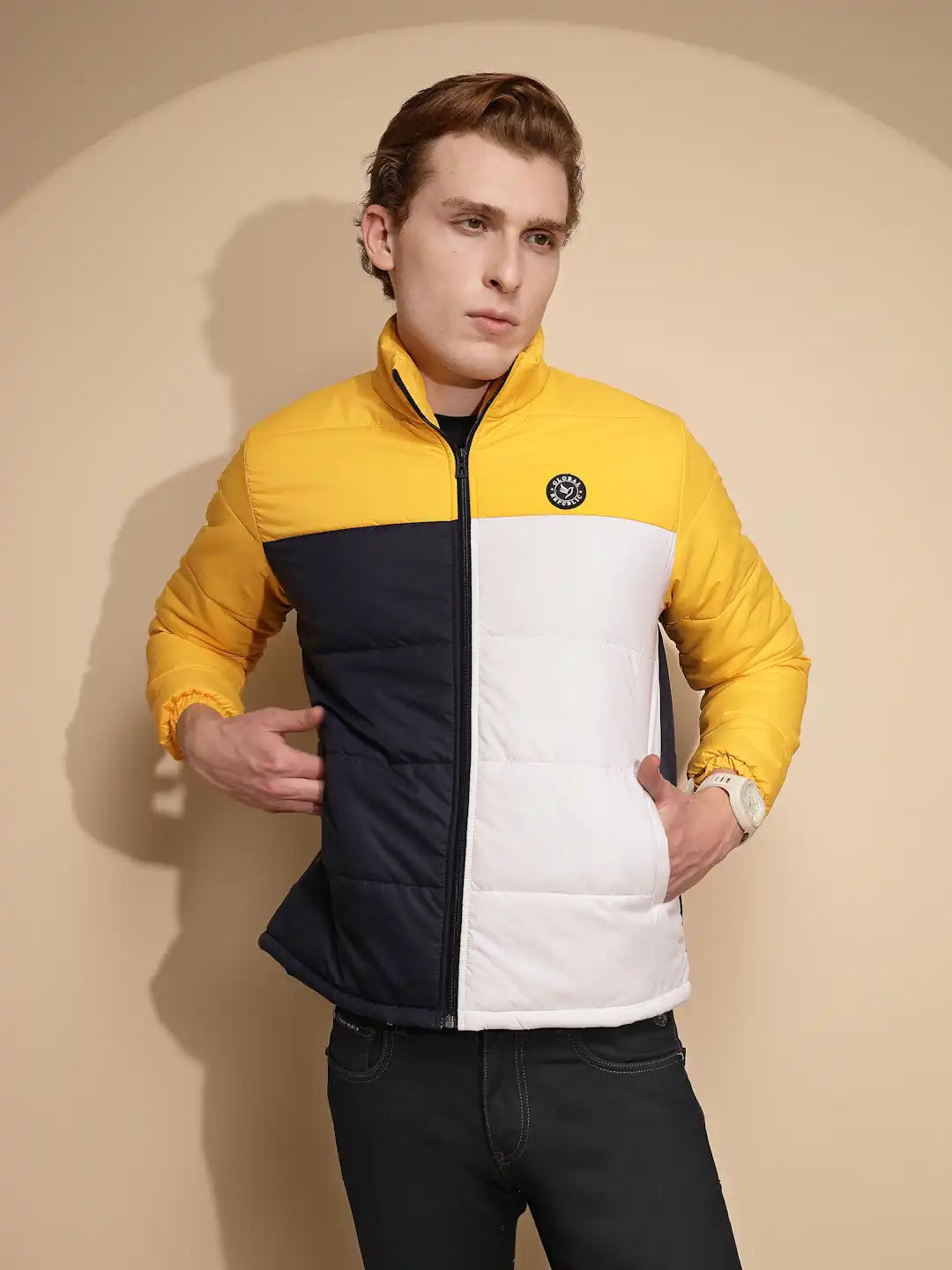 Yellow & White Color Block cotton Jacket - Global Republic