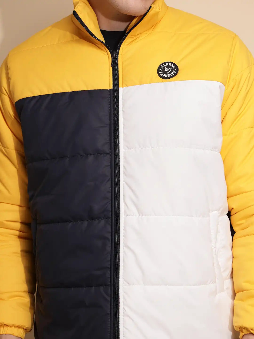 Men Yellow and White Color Block Full Sleeve Turtle Neck Polycotton Jacket