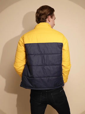 Men Yellow and White Color Block Full Sleeve Turtle Neck Polycotton Jacket