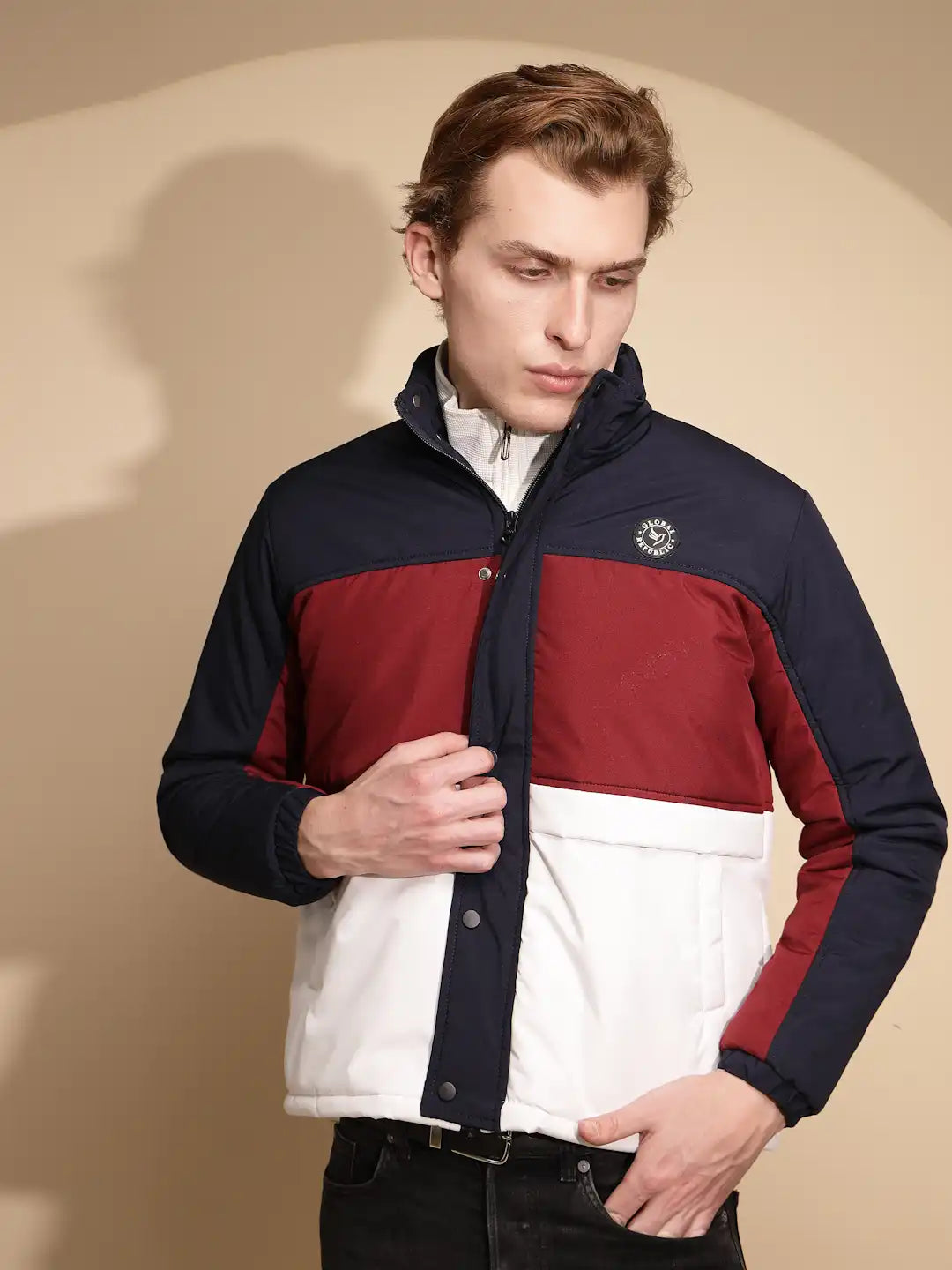 Men Navy and White Color Block Full Sleeve Turtle Neck Polycotton Jacket