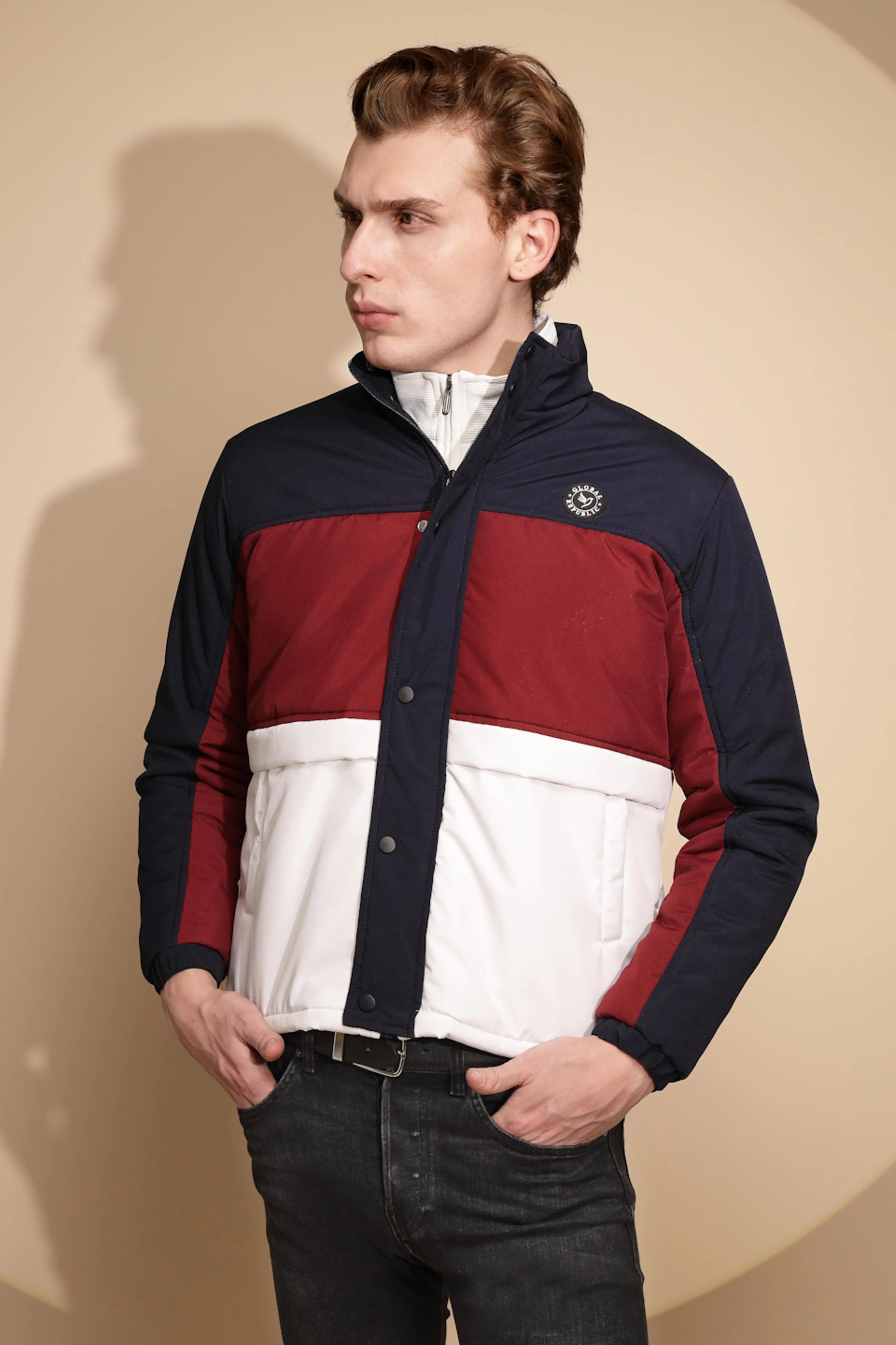 Men Navy and White Color Block Full Sleeve Turtle Neck cotton Jacket - Global Republic
