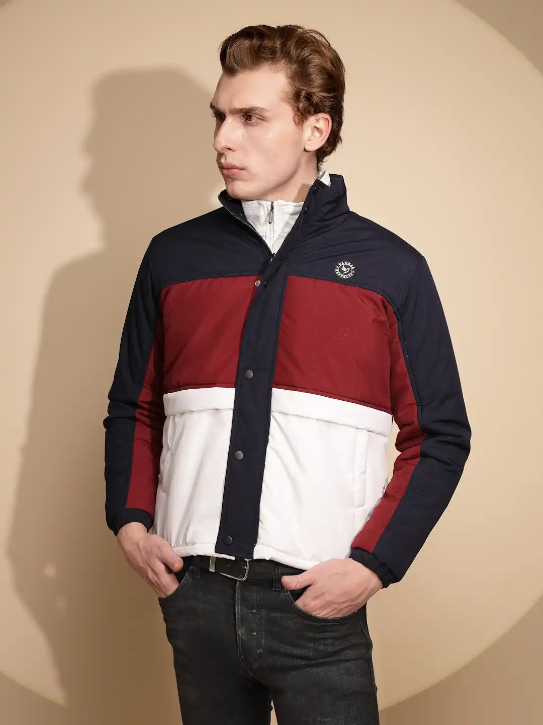 Men Navy and White Color Block Full Sleeve Turtle Neck cotton Jacket - Global Republic