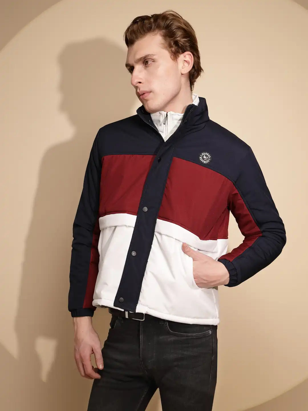 Men Navy and White Color Block Full Sleeve Turtle Neck cotton Jacket - Global Republic
