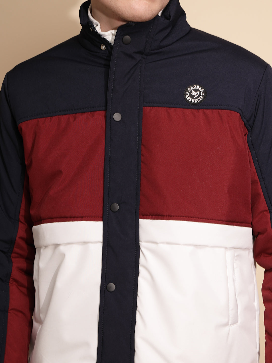 Men Navy and White Color Block Full Sleeve Turtle Neck cotton Jacket - Global Republic