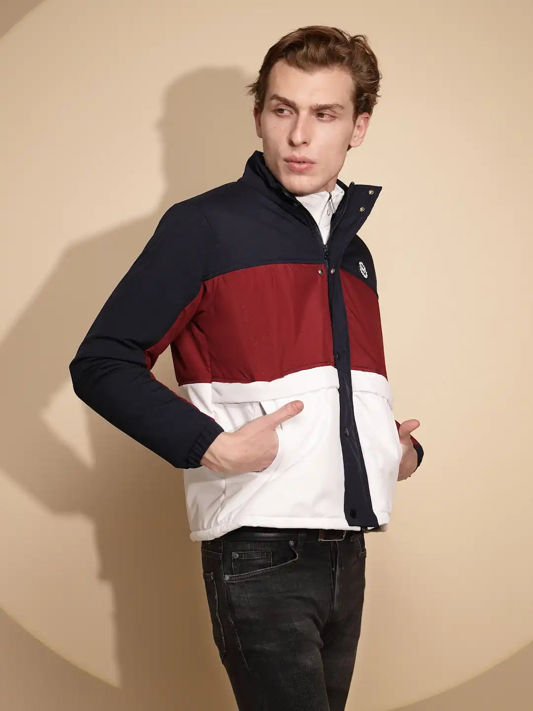 Men Navy and White Color Block Full Sleeve Turtle Neck Polycotton Jacket