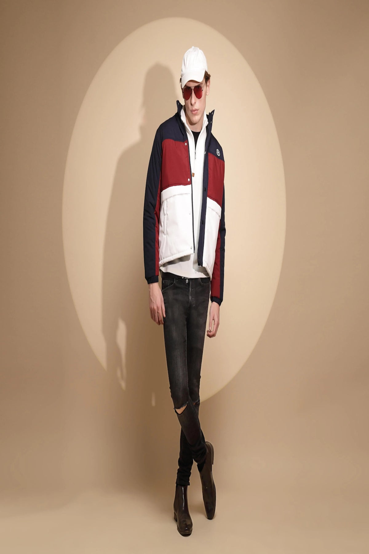 Men Navy and White Color Block Full Sleeve Turtle Neck cotton Jacket - Global Republic