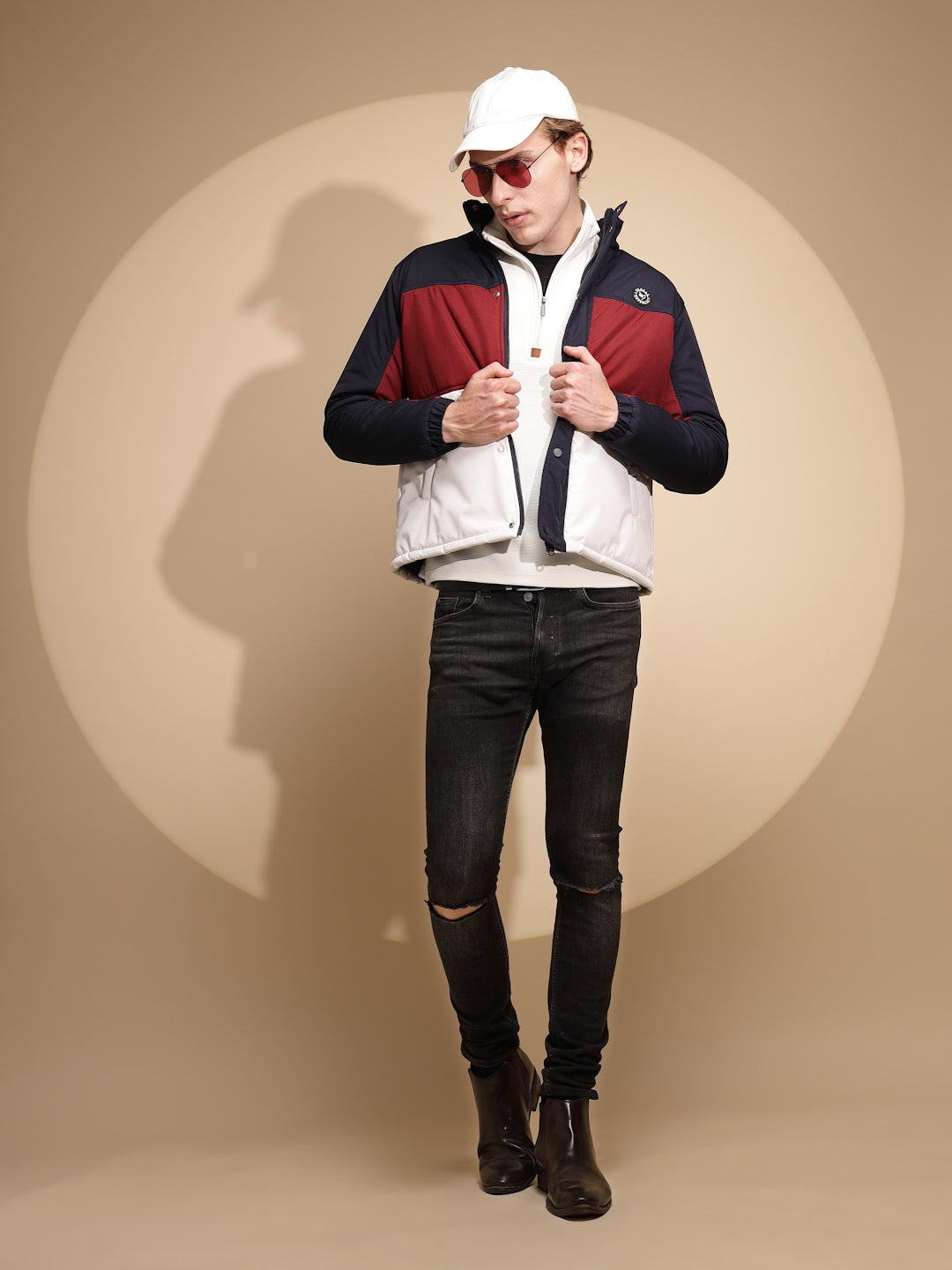 Men Navy and White Color Block Full Sleeve Turtle Neck cotton Jacket - Global Republic