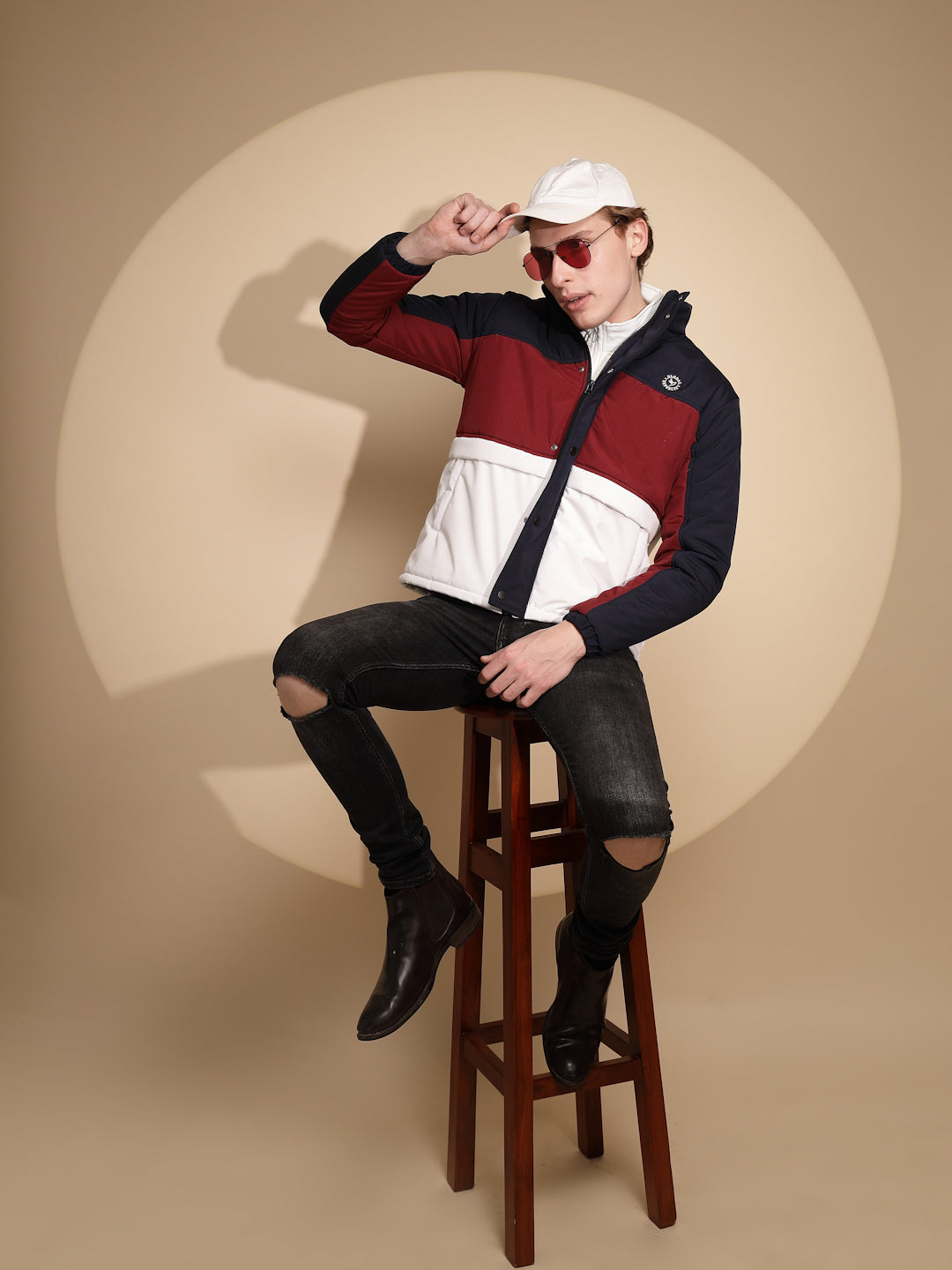 Men Navy and White Color Block Full Sleeve Turtle Neck cotton Jacket - Global Republic