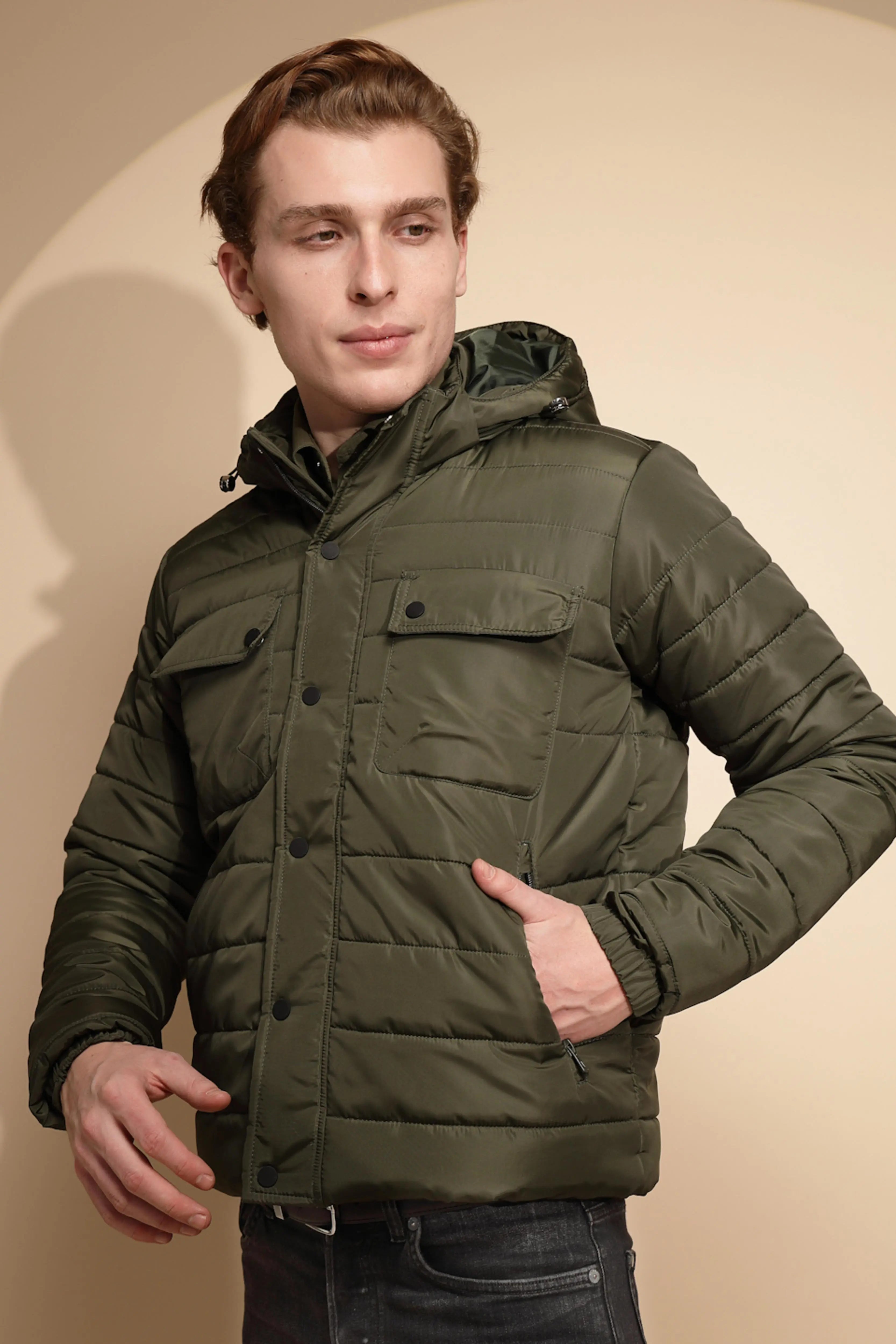 Men Olive Solid Full Sleeve cotton Hooded Puffer Jacket - Global Republic