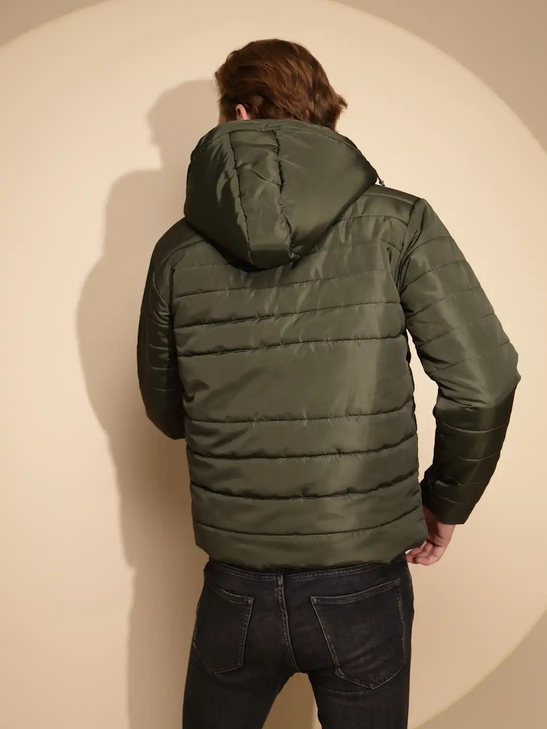 Men Olive Solid Full Sleeve cotton Hooded Puffer Jacket - Global Republic