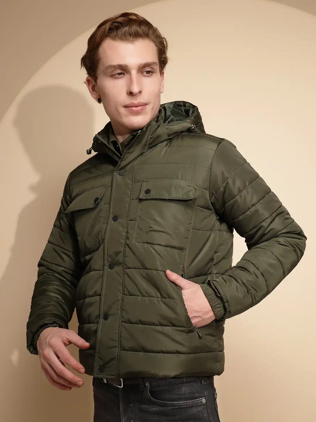Men Olive Solid Full Sleeve cotton Hooded Puffer Jacket - Global Republic