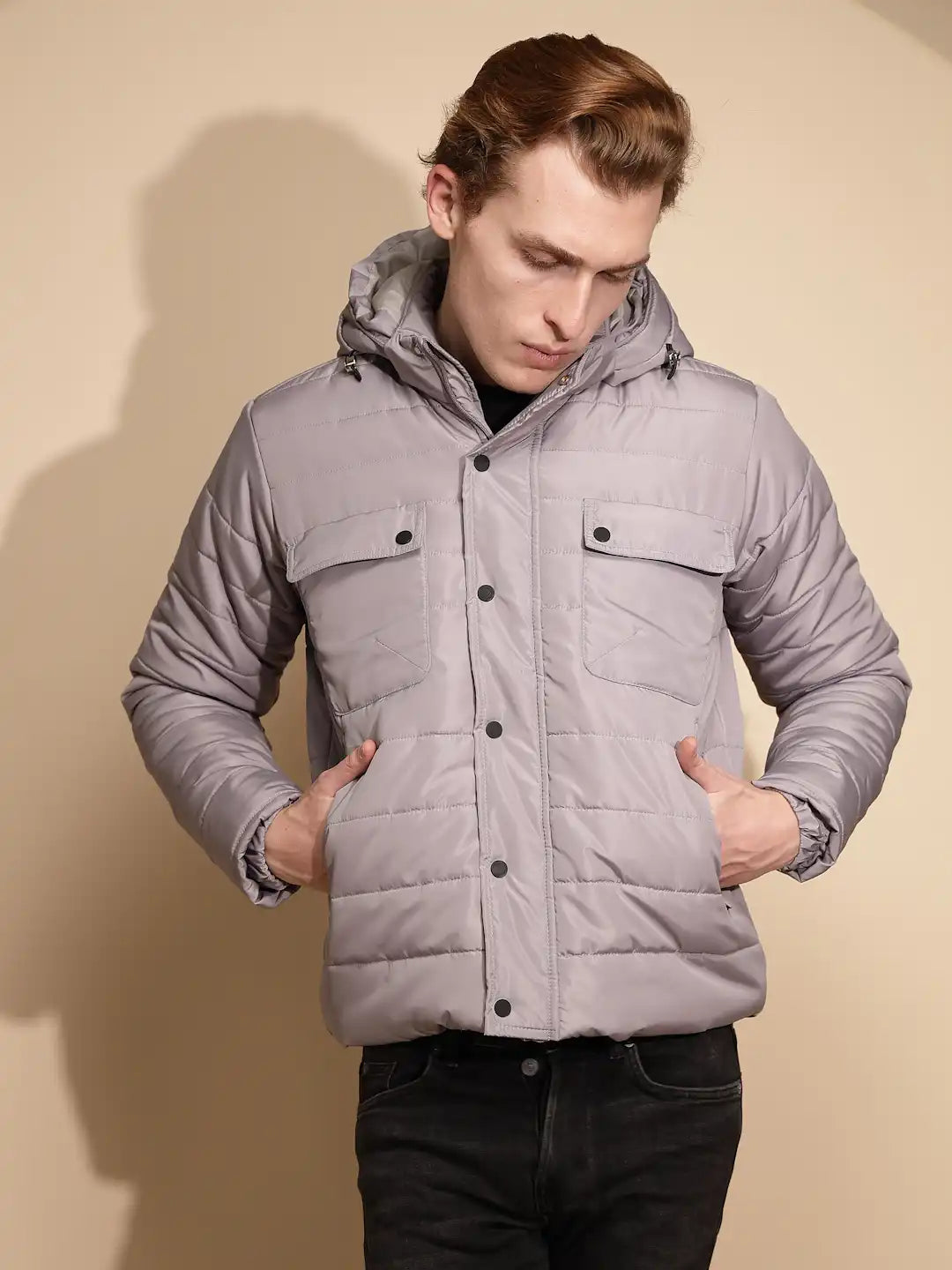 Men Light Grey Solid Full Sleeve cotton Hooded Puffer Jacket - Global Republic