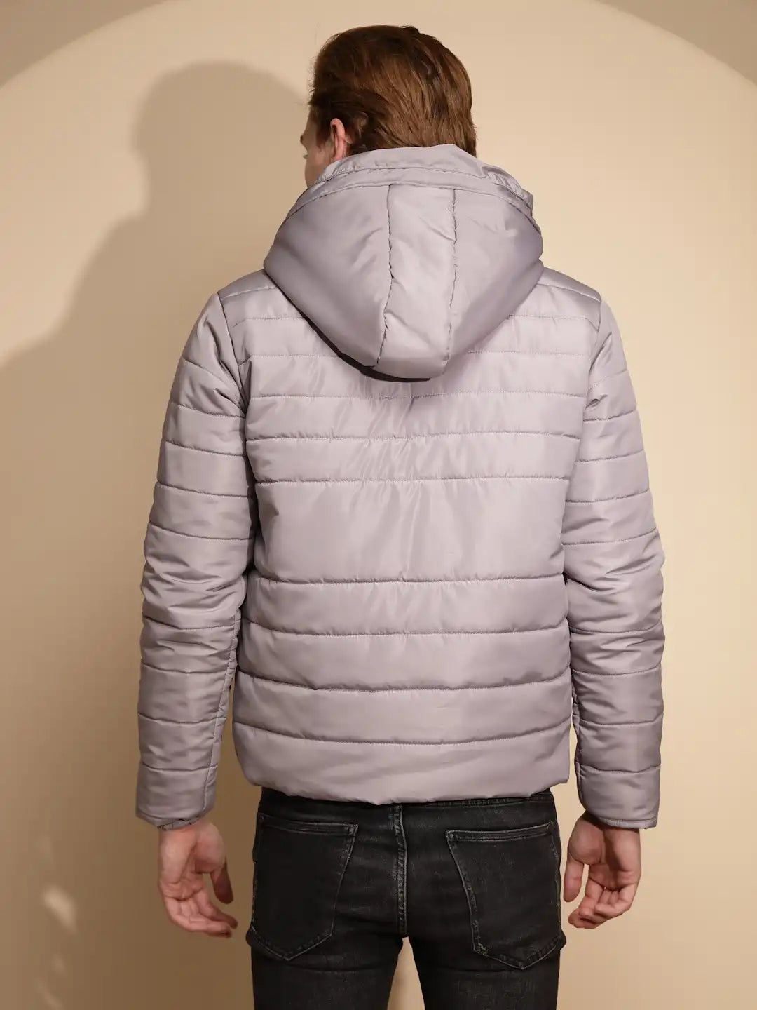 Men Light Grey Solid Full Sleeve cotton Hooded Puffer Jacket - Global Republic