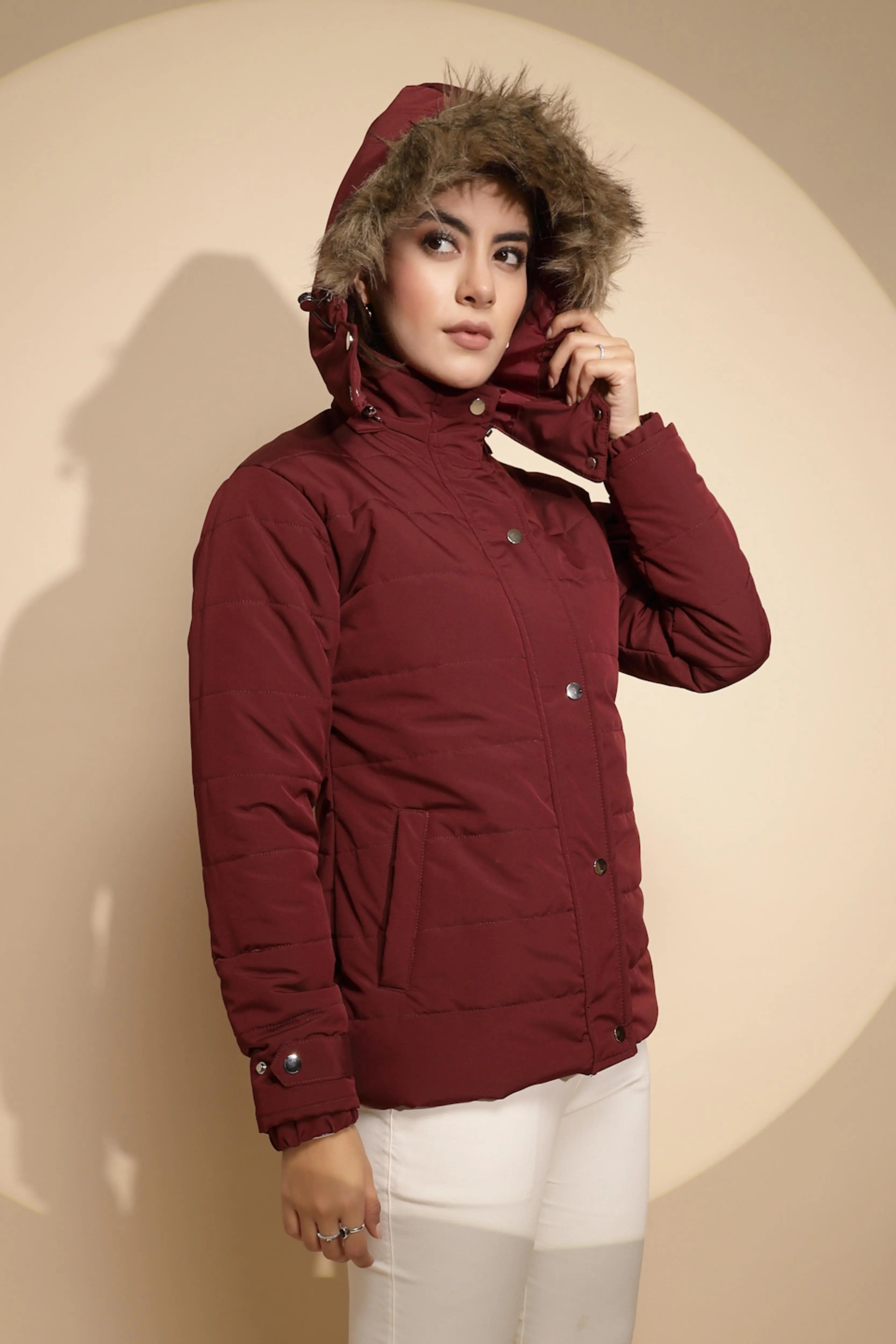Women Maroon Solid  Full Sleeve Regular fit Hooded Jacket - Global Republic