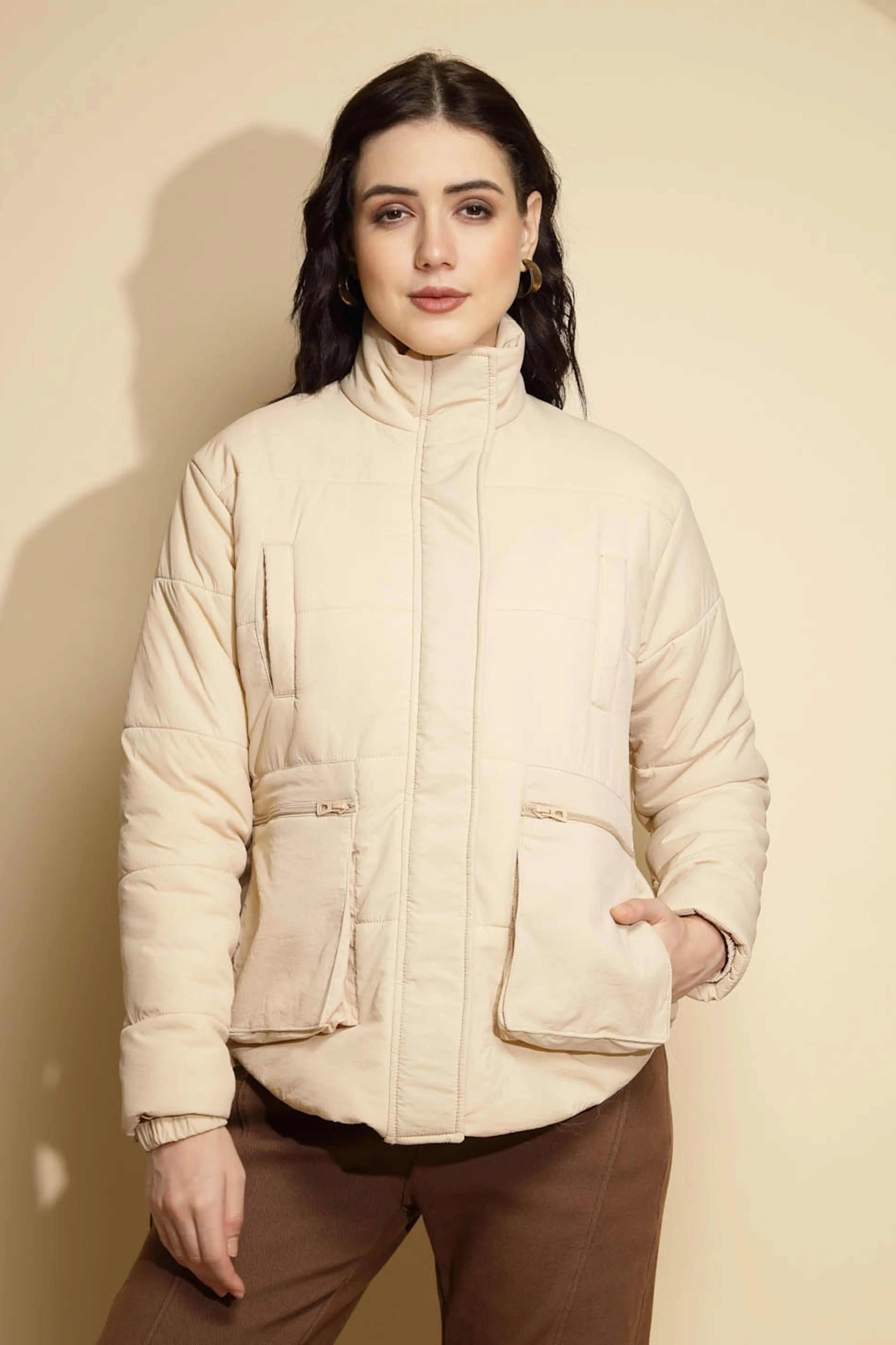 Beige Solid Puffer Jacket - Global Republic