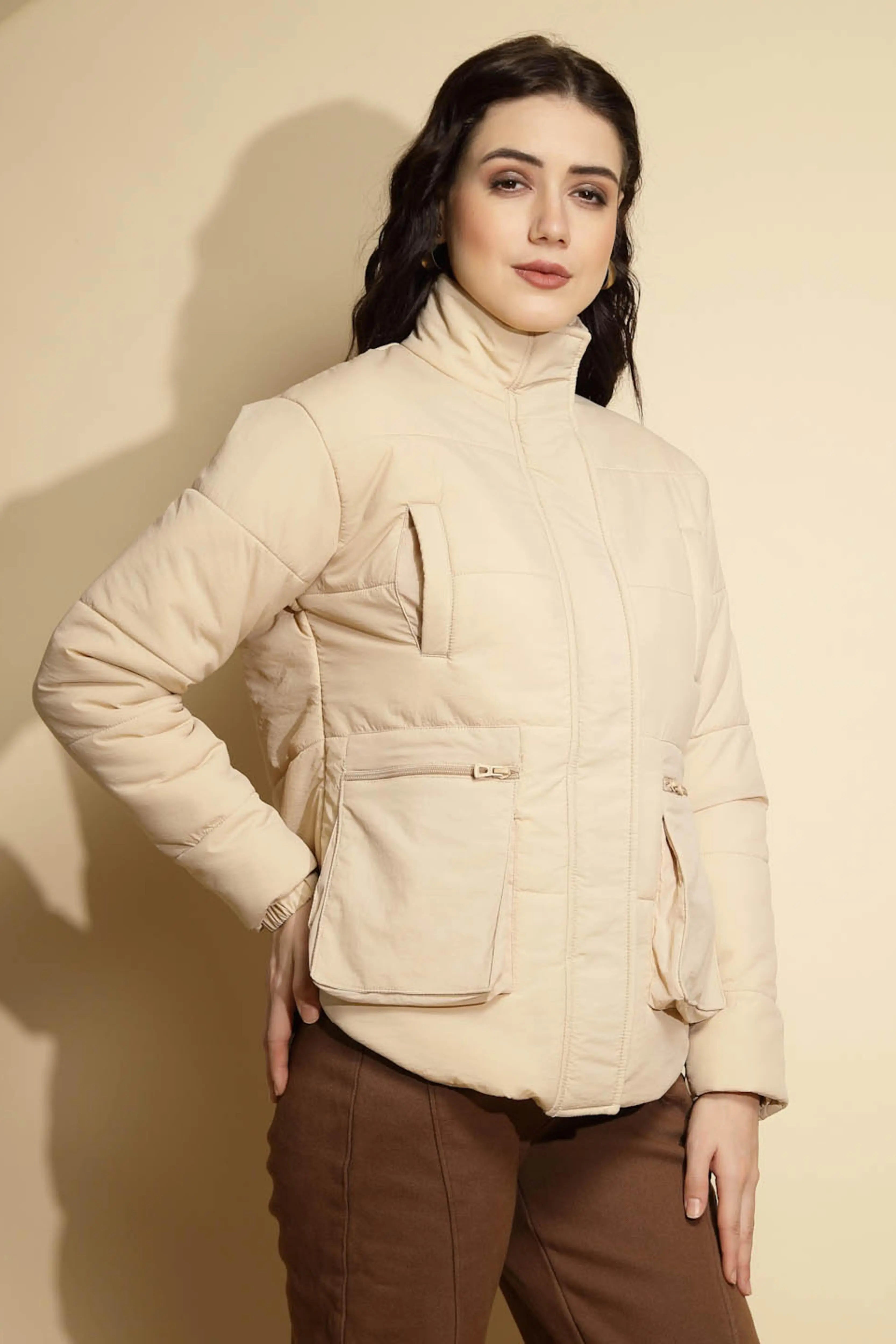 Beige Solid Puffer Jacket - Global Republic