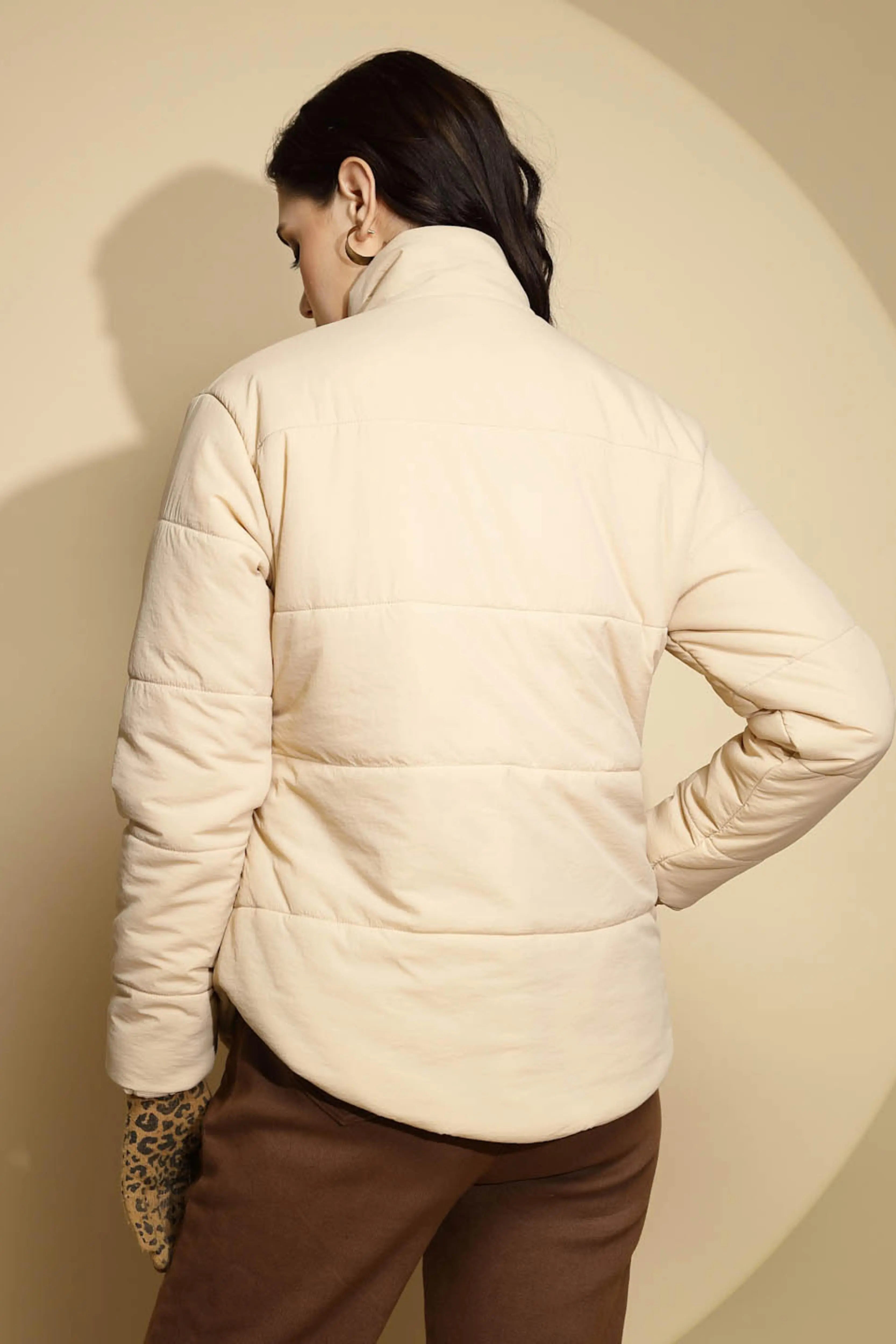 Beige Solid Puffer Jacket - Global Republic