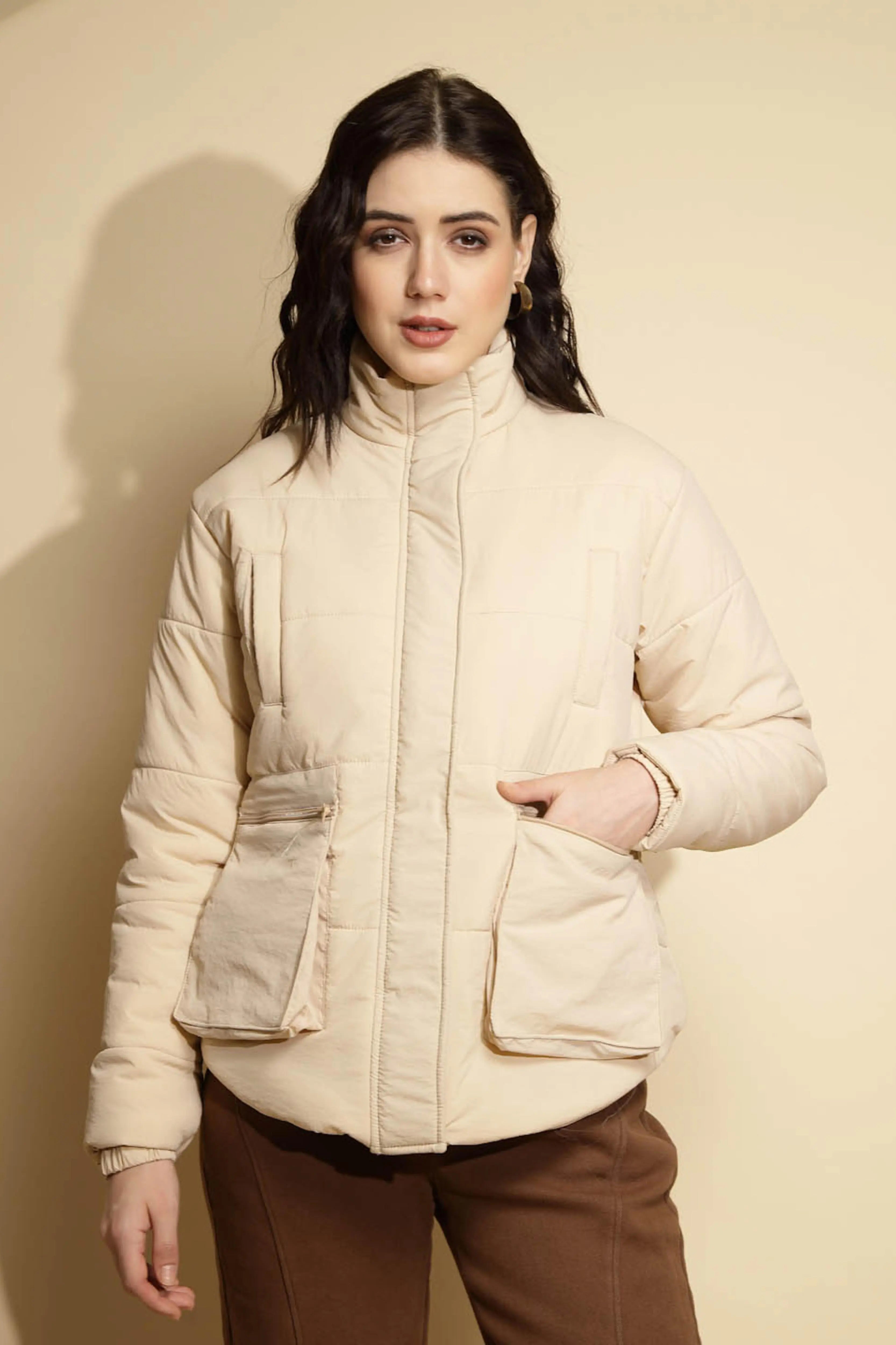 Beige Solid Puffer Jacket - Global Republic