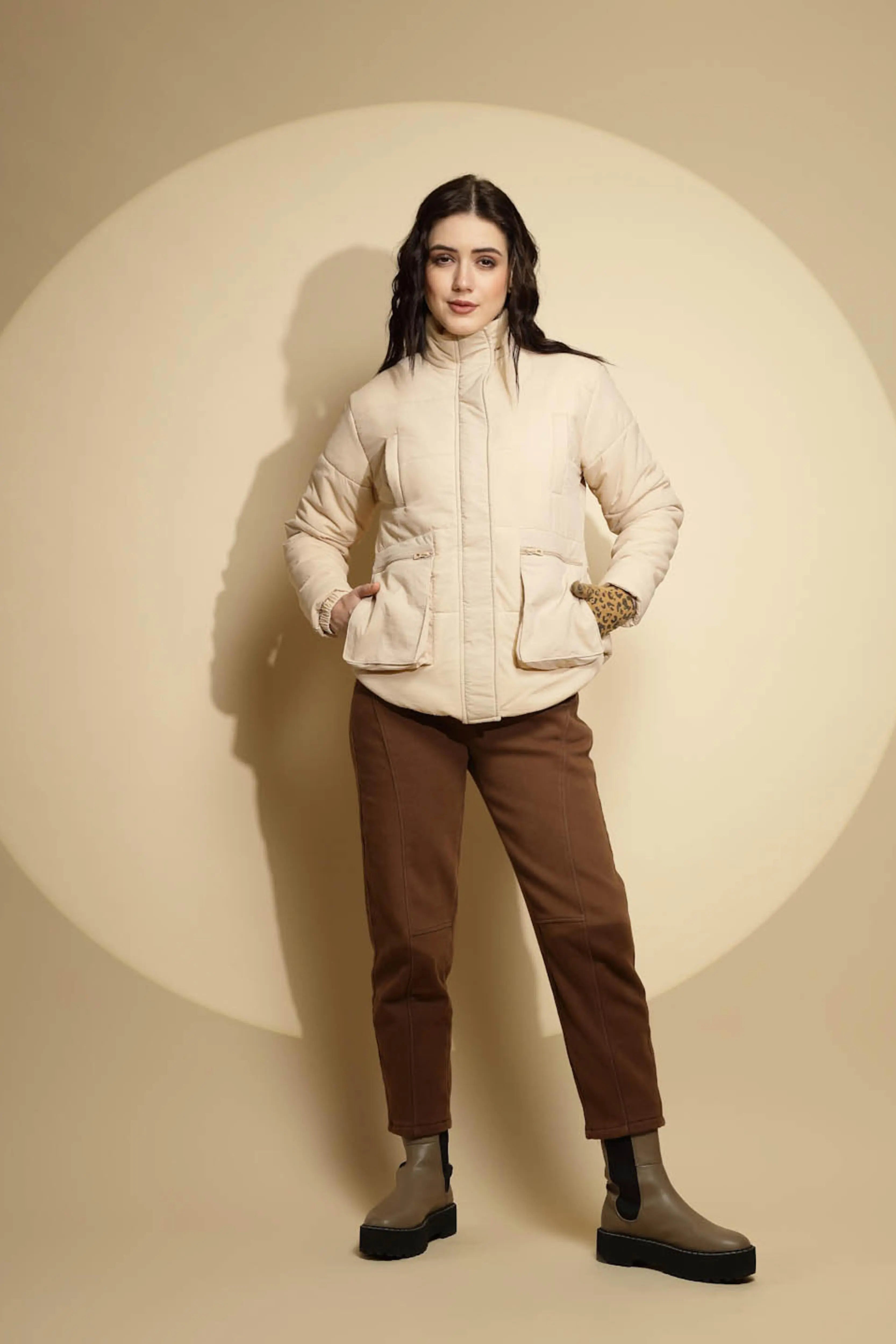 Beige Solid Puffer Jacket - Global Republic