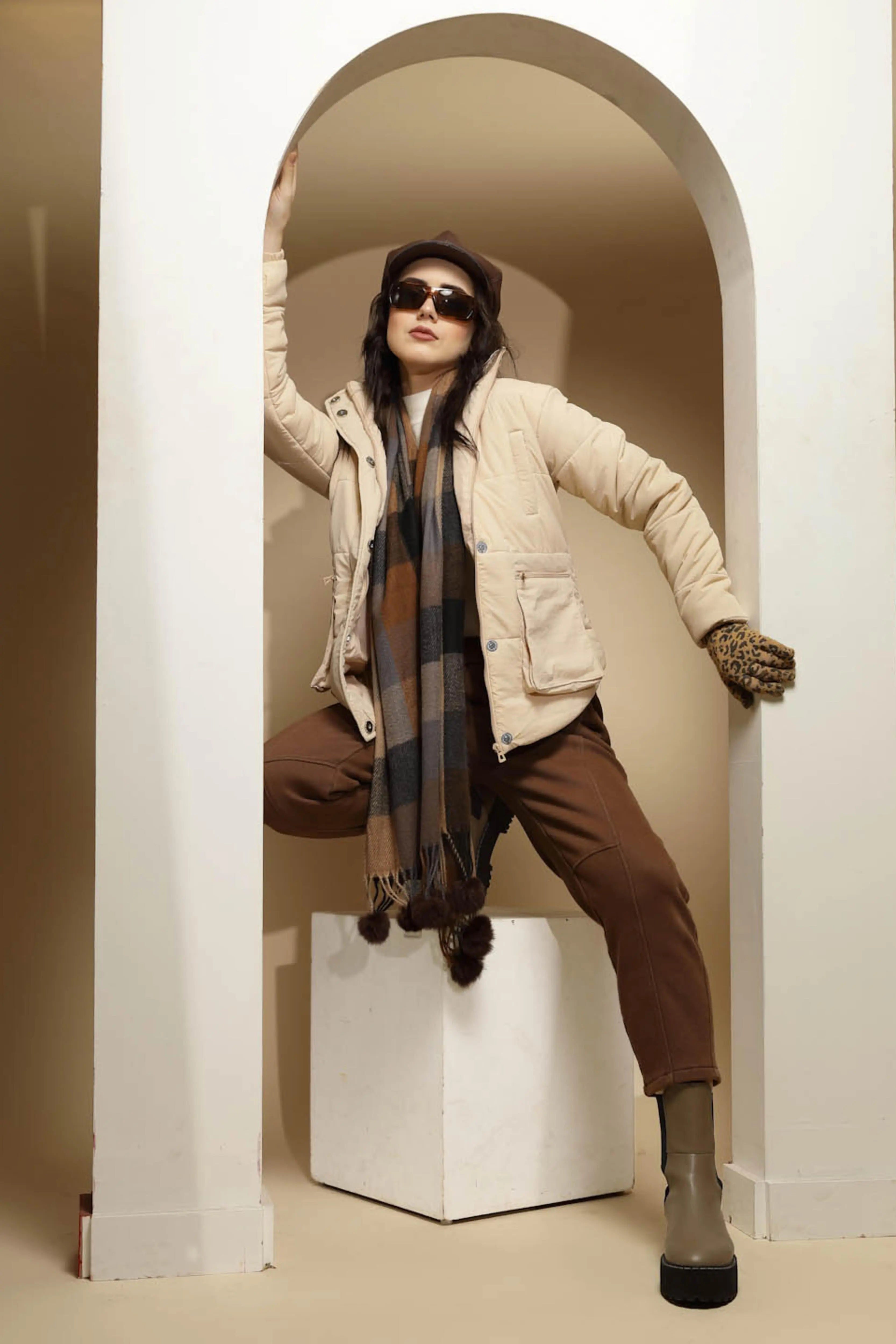 Beige Solid Puffer Jacket - Global Republic