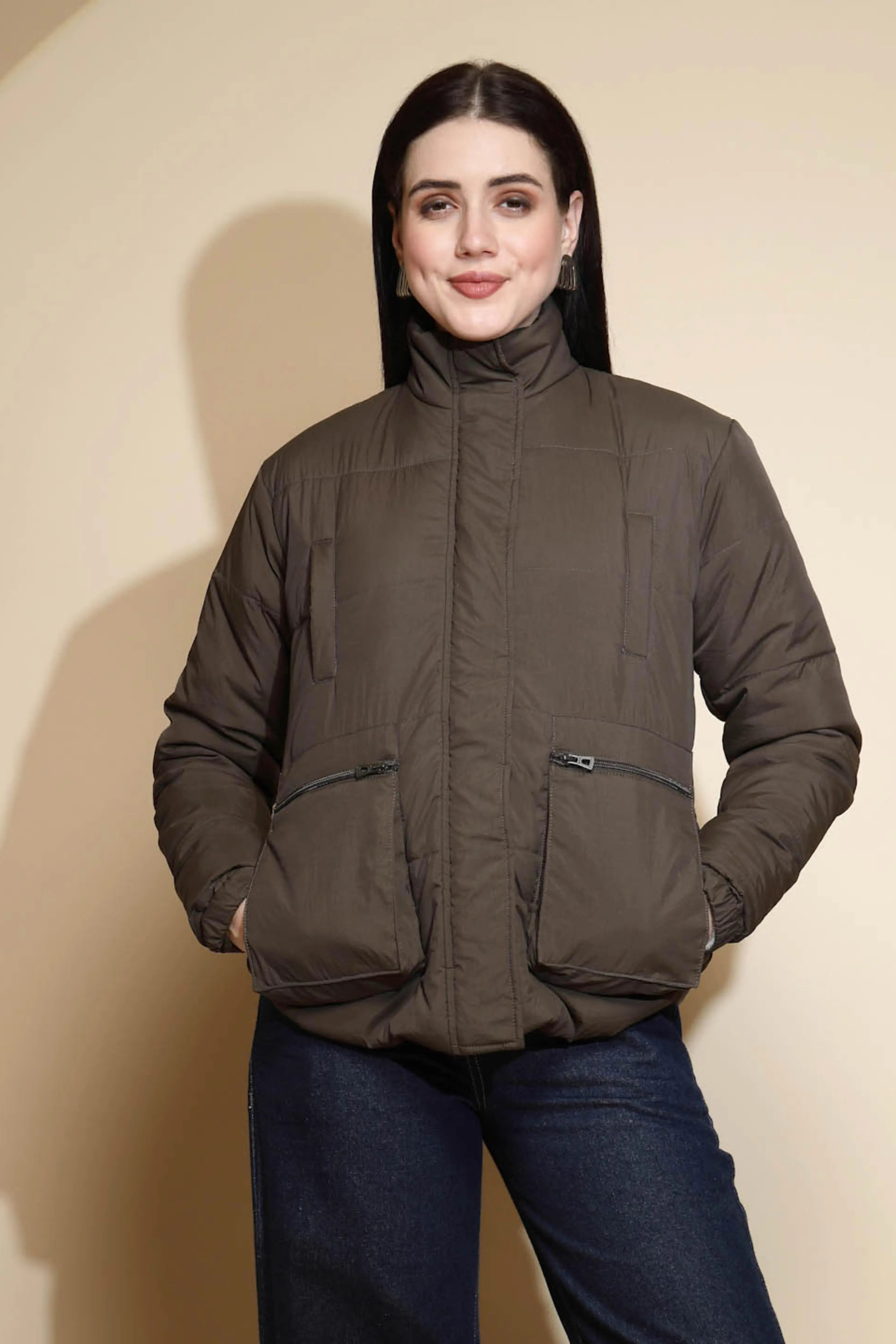 Olive Solid Puffer Jacket - Global Republic