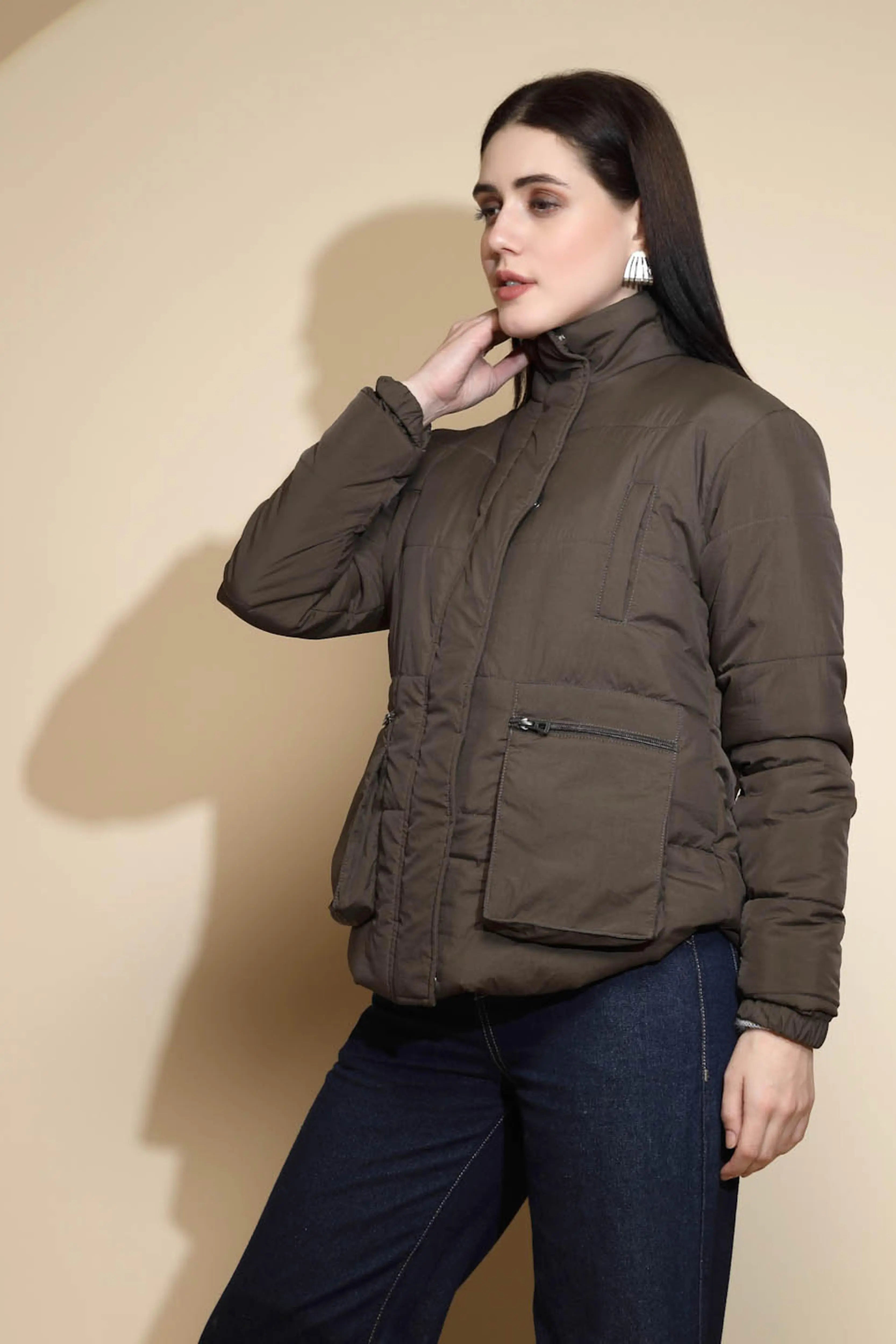 Olive Solid Puffer Jacket - Global Republic