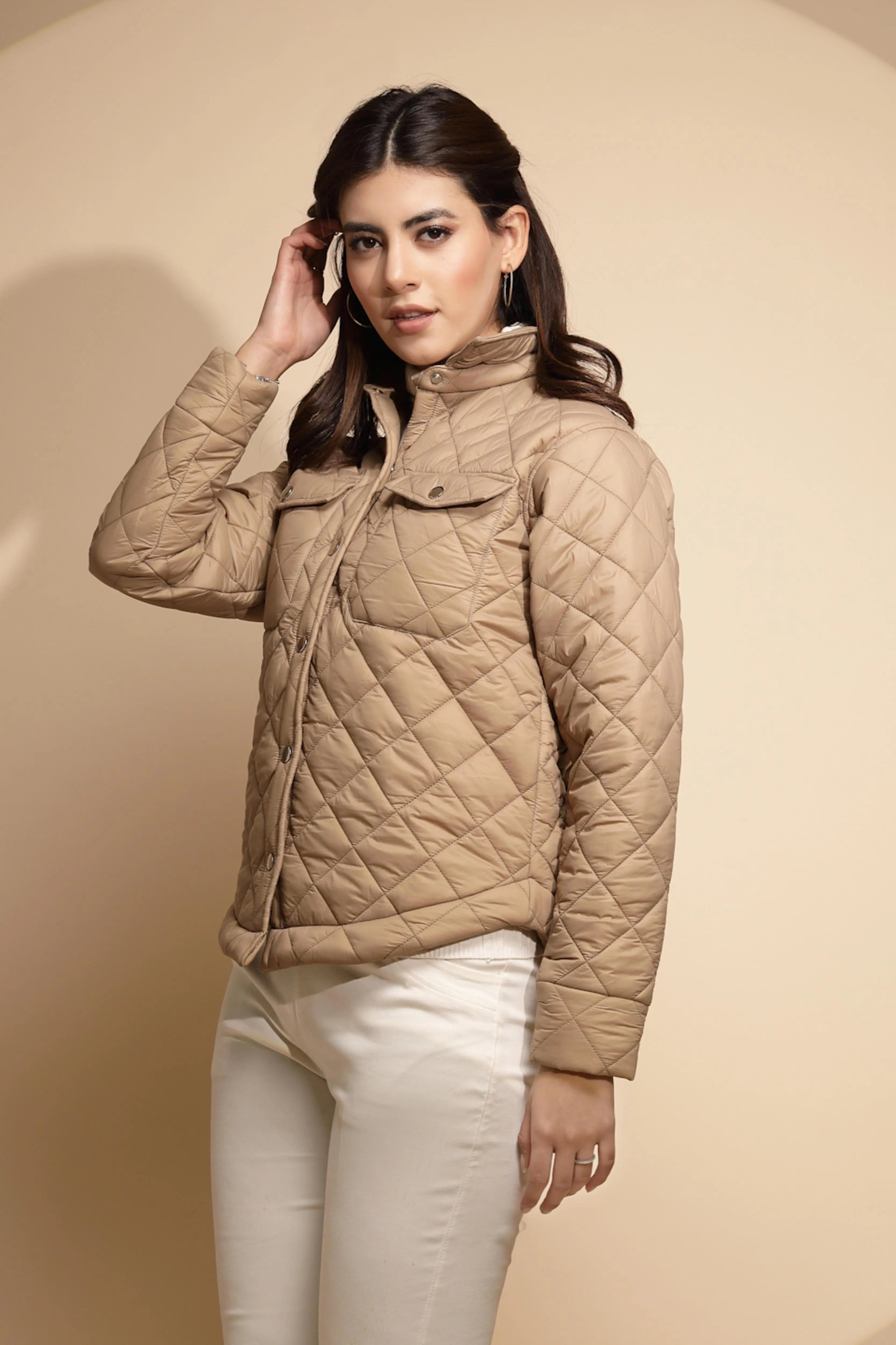 Women Beige Solid Full Sleeve Collar Neck Shacket - Global Republic